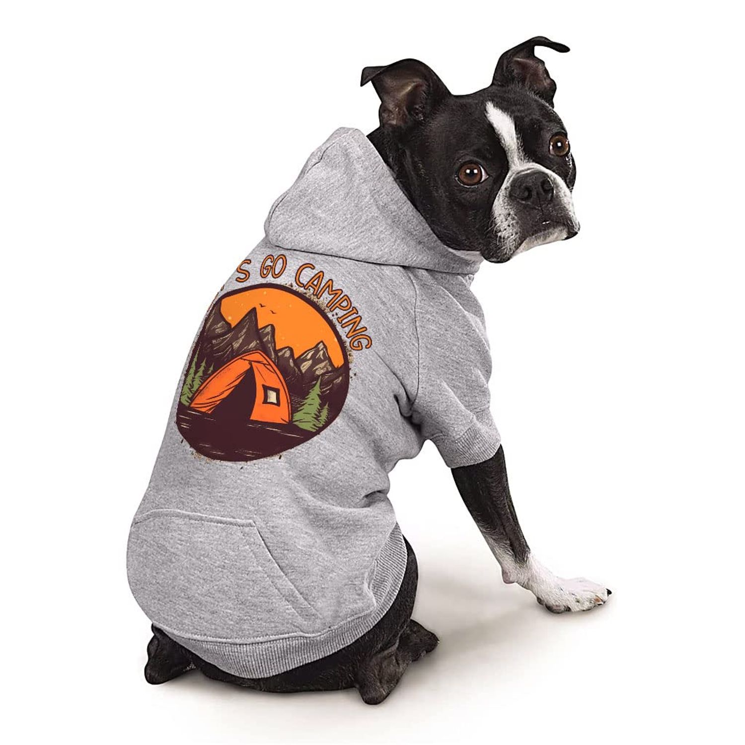Let's Go Camping Dog Hoodie with Pocket - Tent Dog Coat - Camping Dog Clothing - Gray, S