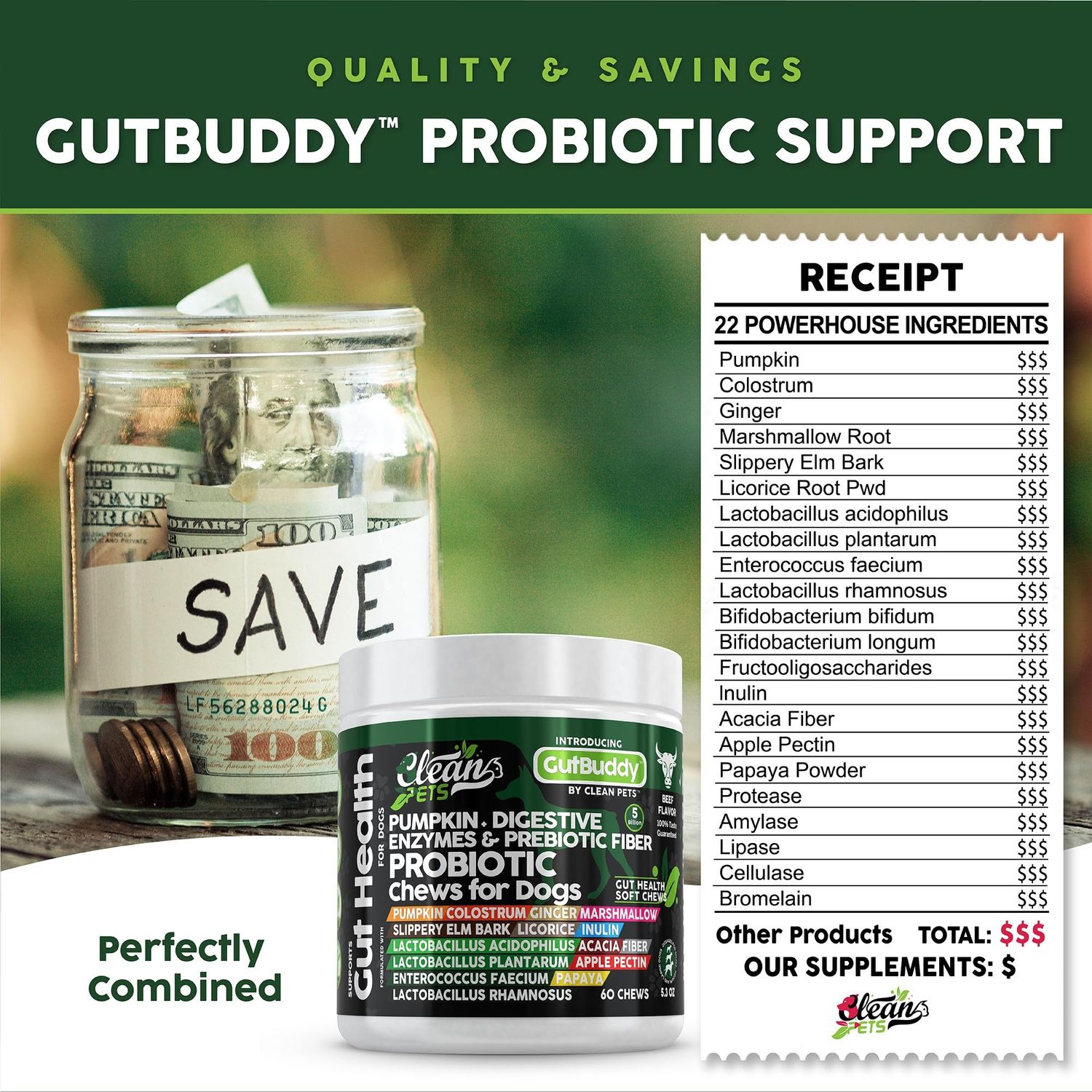 Clean Pets Probiotics for Dogs with Pumpkin, Colostrum, Digestive Enzymes, Ginger, Slippery Elm, Licorice, Inulin Fiber & More | Beef Flavor Soft Chews for Gut Health and Digestion Dog Supplement