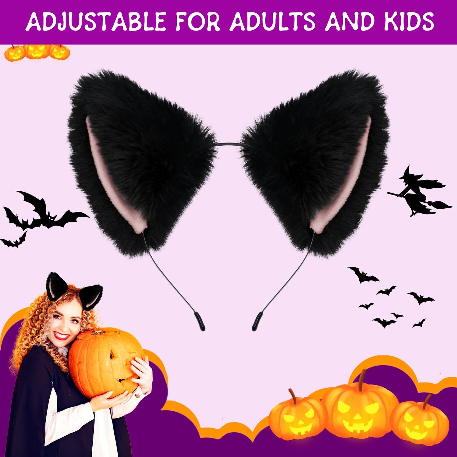 Cat Fox Ears Headband for Women Girls, Halloween Cosplay Cat Costume Faux Fur Ears Headbands Hair Accessories for Adult Kids (Black & Pink)