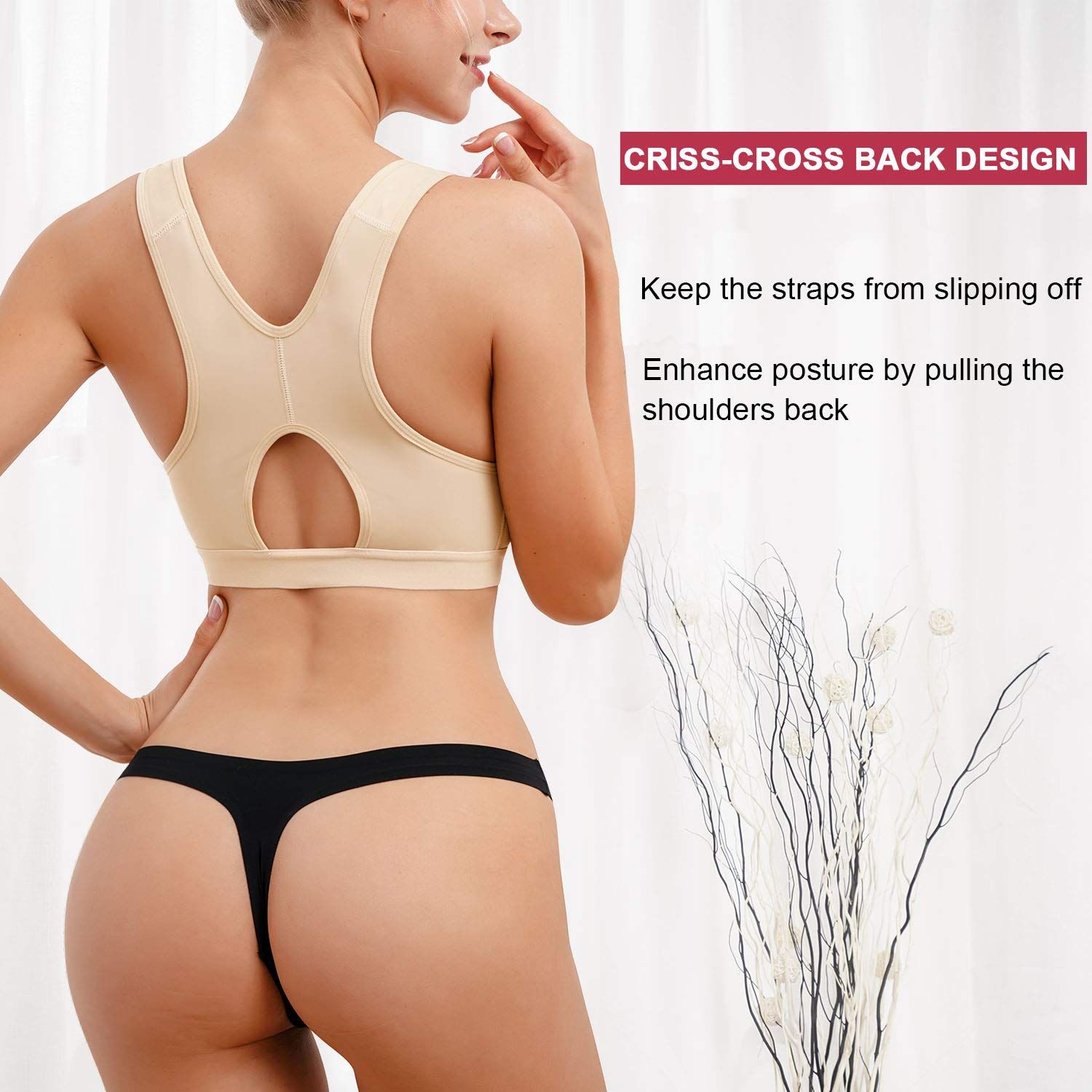 CYDREAM Women Post-Surgical Bra Zip Front Post Surgery Sports Bras Racerback Support Wireless Adjustable Straps (L, Beige)