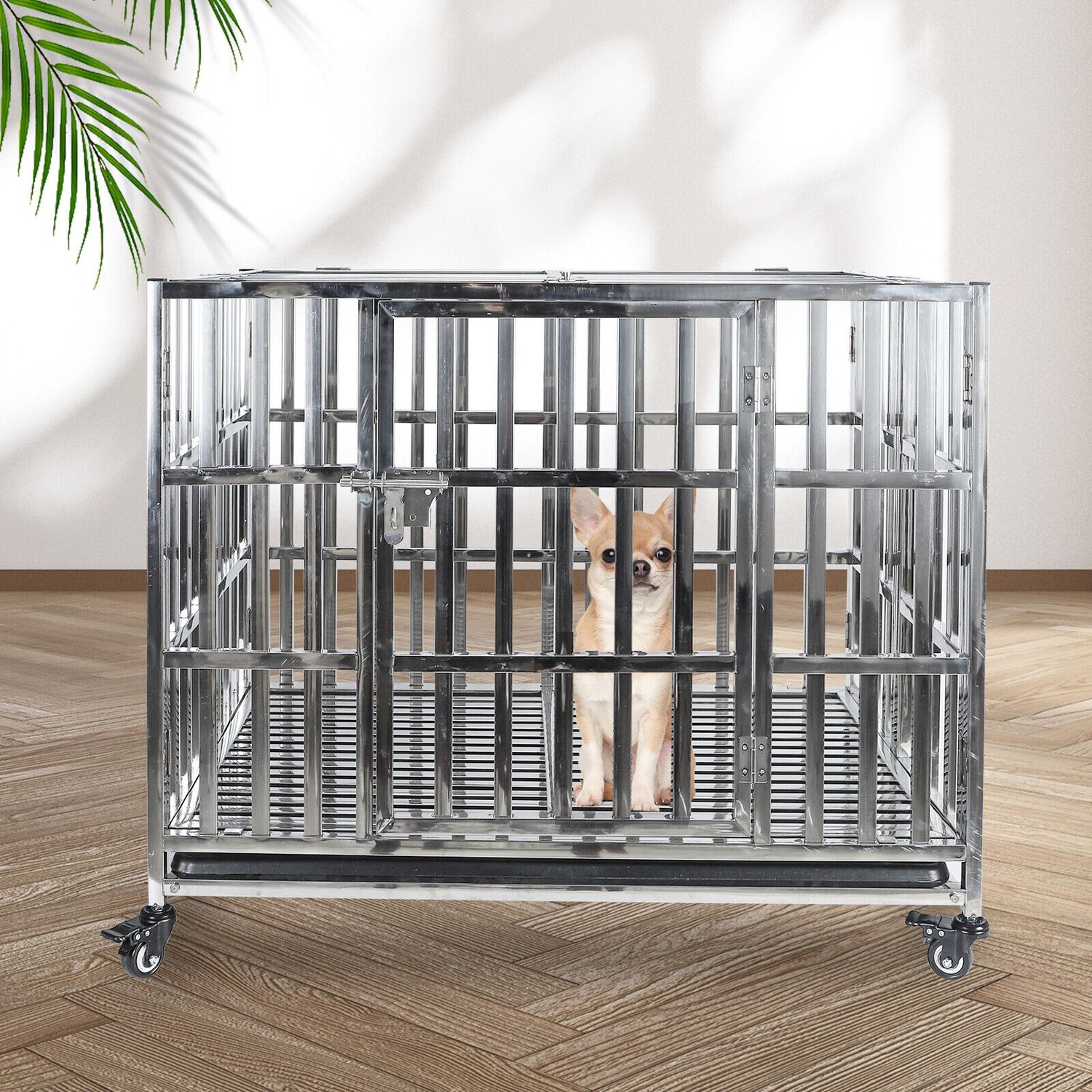37" Stackable Dog Cage Stainless Steel Dog Kennel Dog Crate Folding Pet Playpen