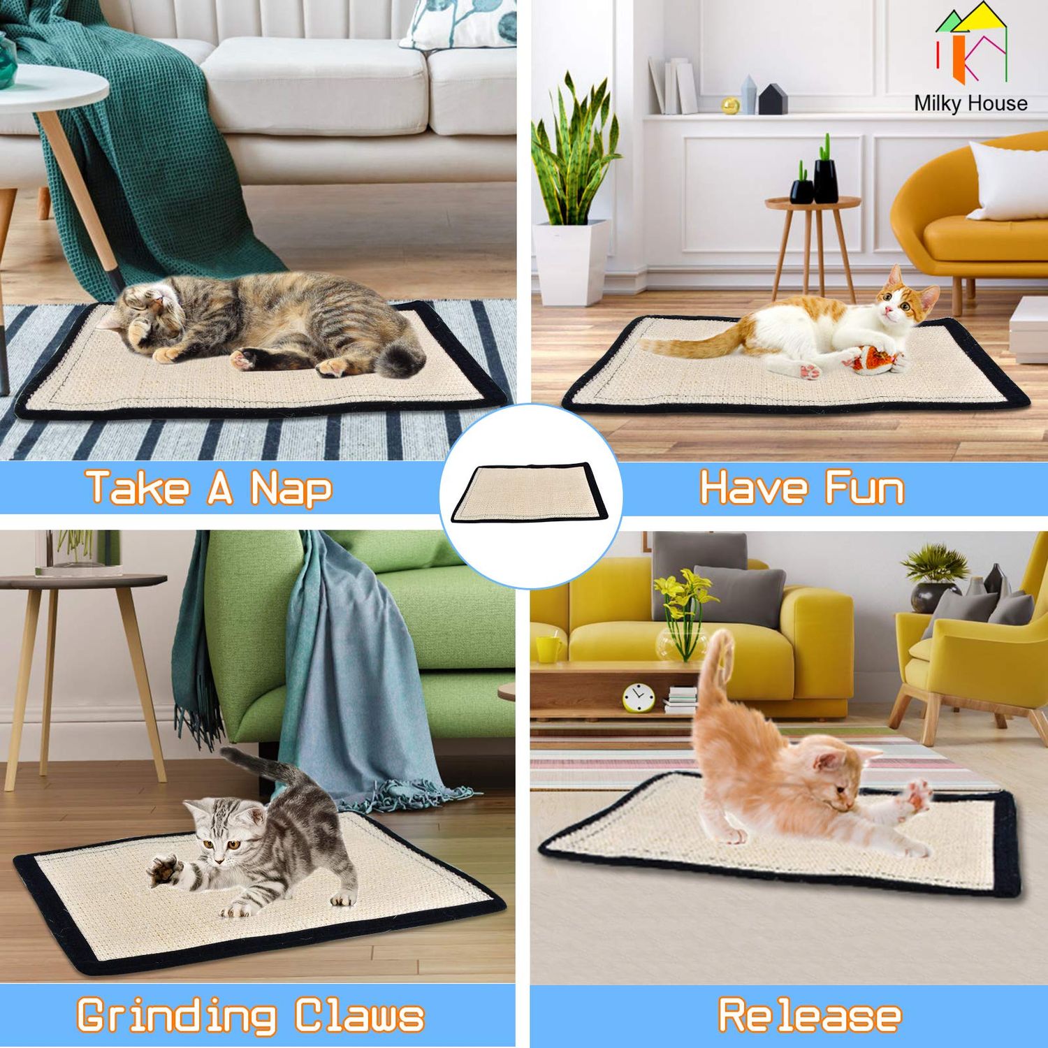 Cat Scratch Pad 2PK, Anti-Scratch Pads for Furniture, Kitty Scratching Bed, Post Tree Ramp Cardboard Replacement, Sisal Thin Scratcher Mat with Velcro Tapes Protecting Couch Chair Legs & Carpet 16X12”
