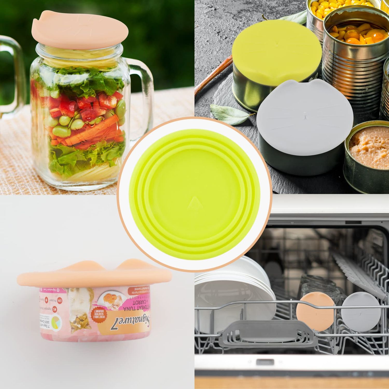 KALAMANDA Cat Food Can Covers Lids, Rubber Can Covers for Pet Food Cans, Dog Canned Mixing Spoon for Wet Food(6 Pack)
