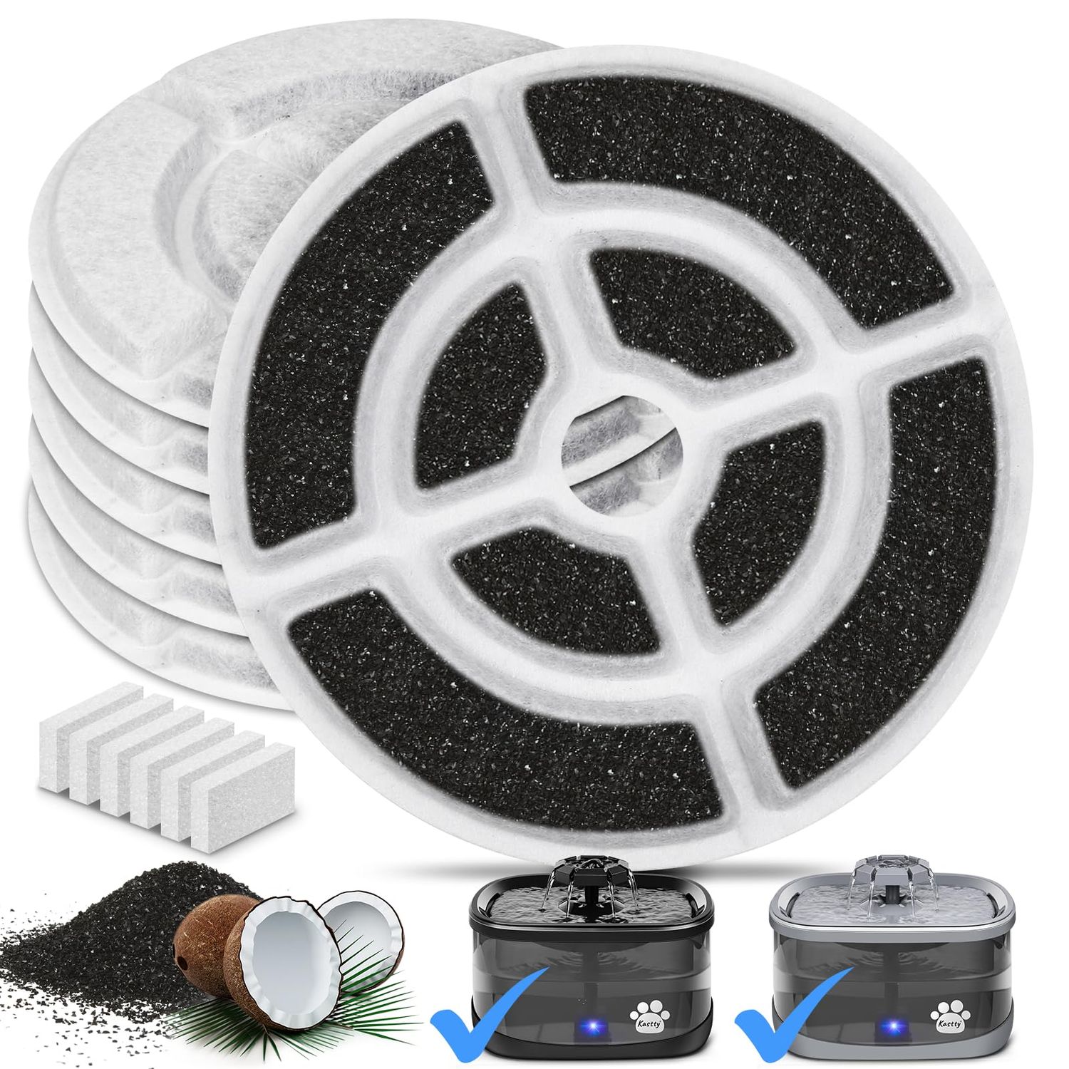 Kastty 6 Pack 18CM Larger More Activated Carbon Replacement F-ilters for 9L Large Dog Water Fountains, Food Grade, Made of Coconut Activated Carbon and PP Cotton, 6 + 6 P ump F ilters