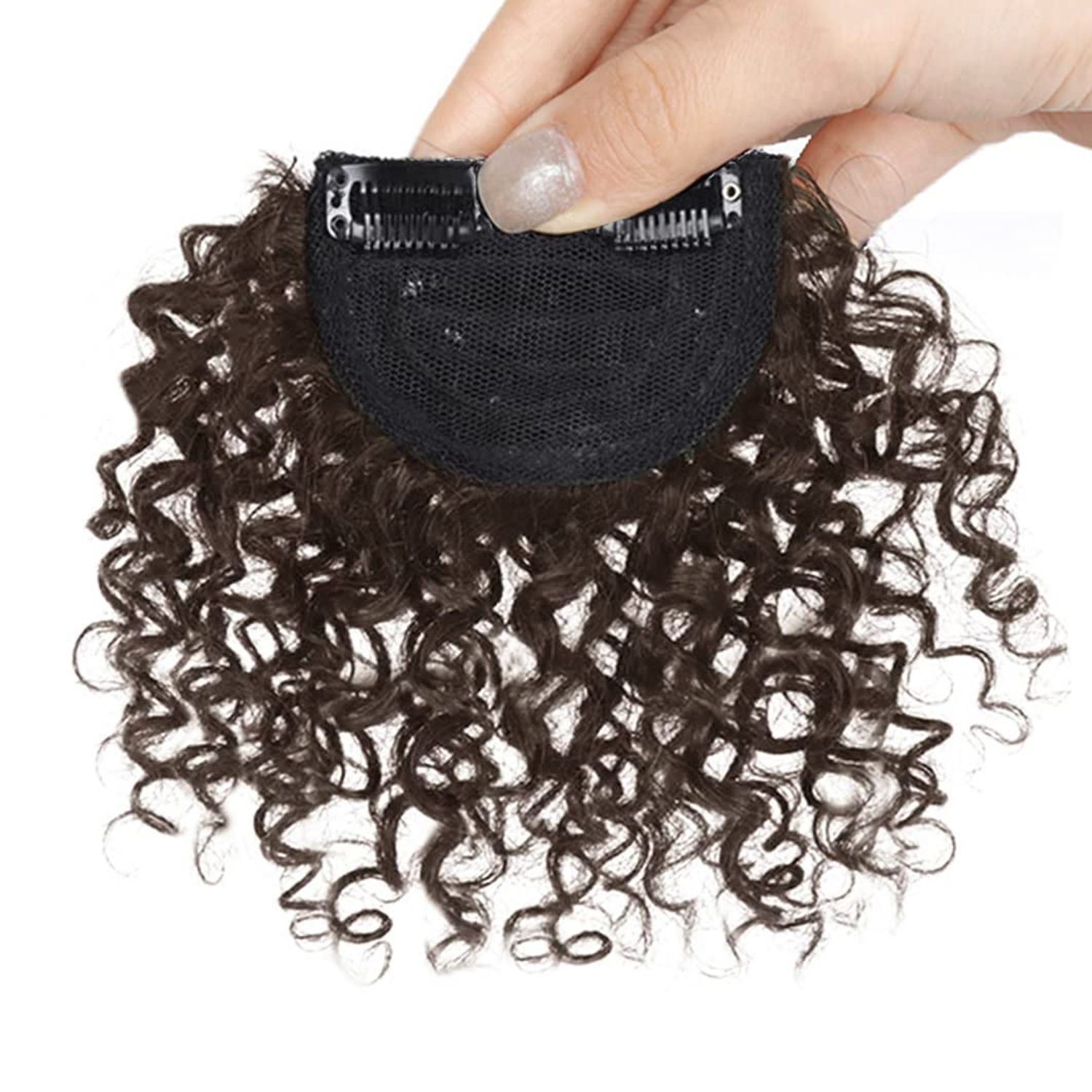 ICRAB Afro Kinly Curly Bangs Clip in Hair Extensions Natural Fake Fringe Bangs Short Curly Human Hair Bangs Clip on Hair Piece Jerry Curly Fringe Hair 4# Dark Brown Color