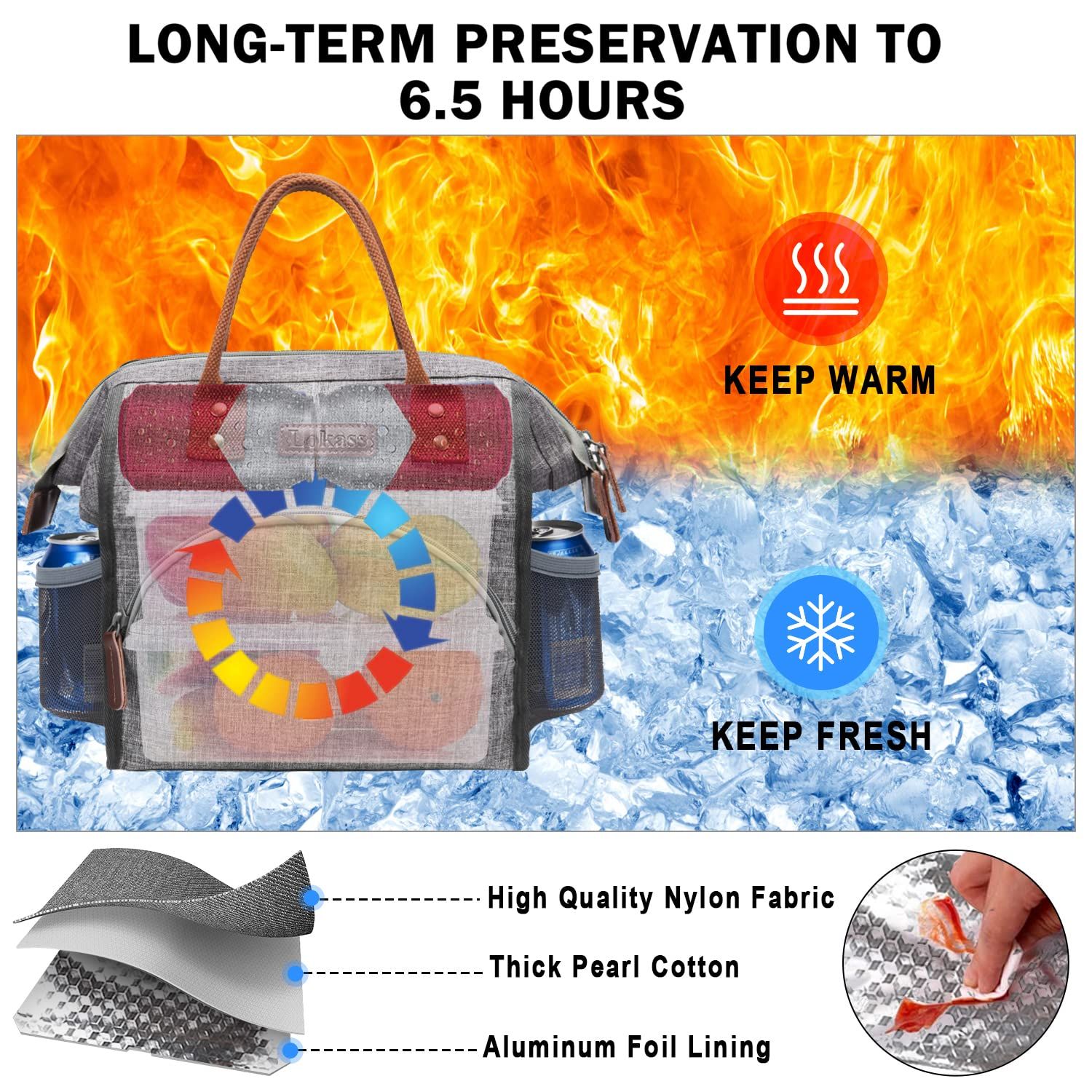 LOKASS Insulated Lunch Bag Wide Open Tote w Drink Holder
