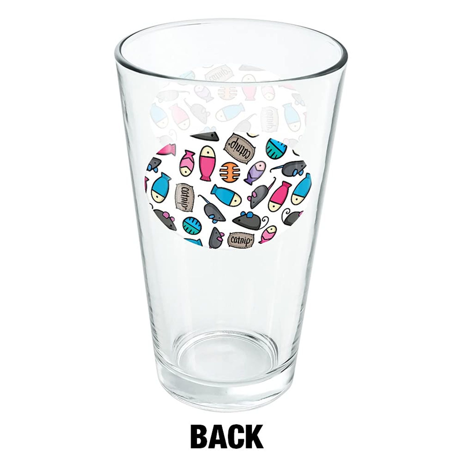 LOGOVISION Cat Toys Mouse Fish Catnip Pattern 16 oz Pint Glass, Tempered Glass, Printed Design & A Perfect Fan Gift | Great for Cold Beverages, Soda, Water