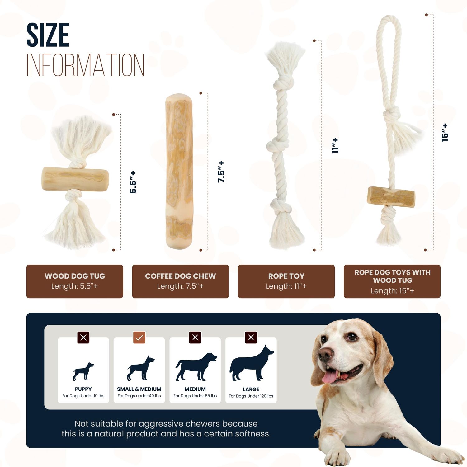 GOWGOW 4 Pack Coffee Wood Dog Chew, Wood Tug, Rope Tug & Rope for Small & Medium Dog 15-40 lbs, 100% Natural Teething Toys, Rope Toy to Keep Them Busy, Organic Dog Toy, Relieve Stress - Wooden Toy