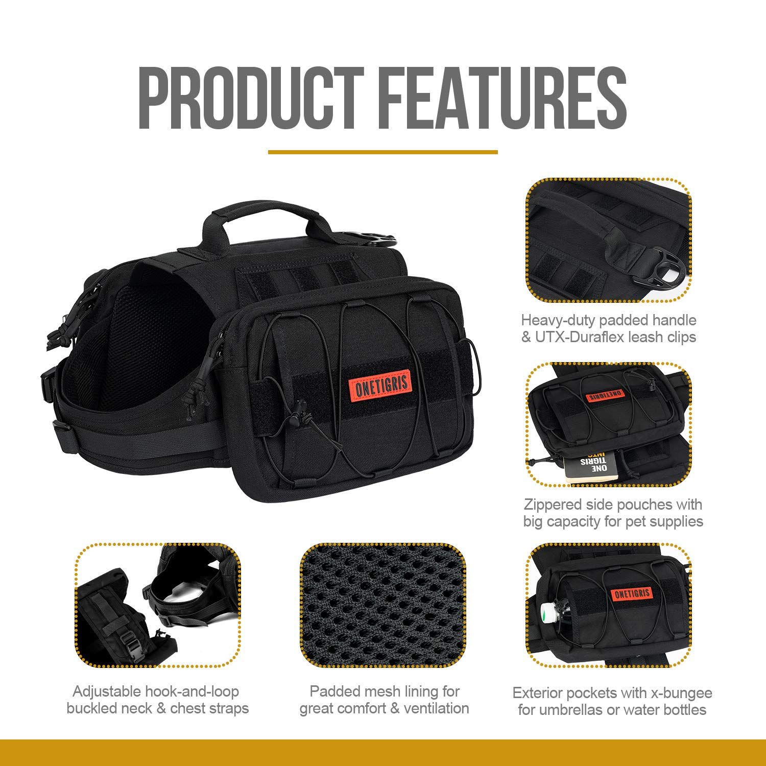 OneTigris Dog Backpack for Hiking Nylon Dog Harness Backpack with Side Pockets for Large Dog with 22"-31.5" Neck Girth and 29"-35.8" Chest Girth (Black)
