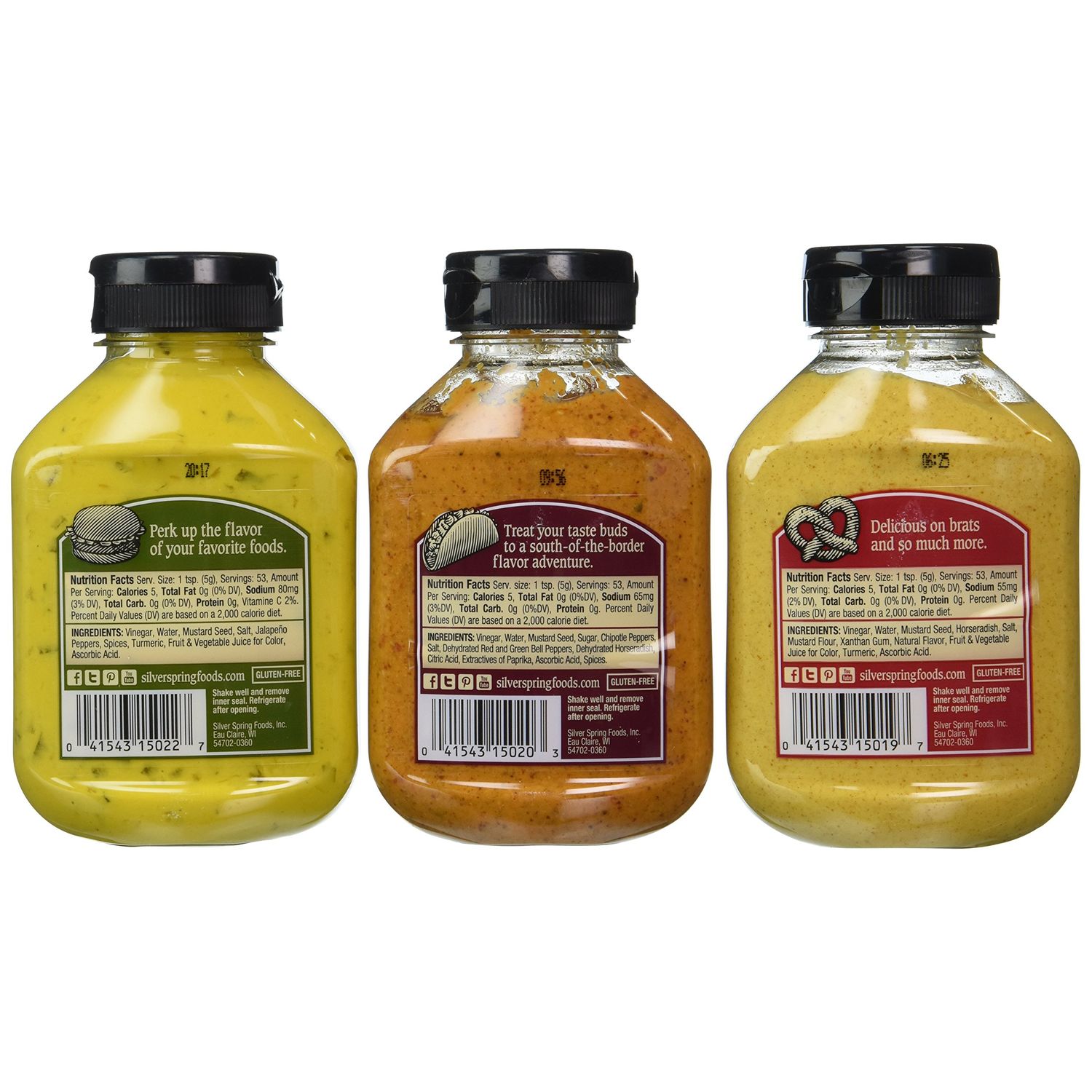 Silver Spring All Natural Mustard 3 Flavor Variety Bundle: (1) Silver Spring Beer'n Brat Horseradish Mustard, (1) Silver Spring Rich And Smoky Chipotle Mustard, and (1) Silver Spring Tangy & Spicy Jalapeno Mustard, 9.5 Oz. Ea. (3 Total)