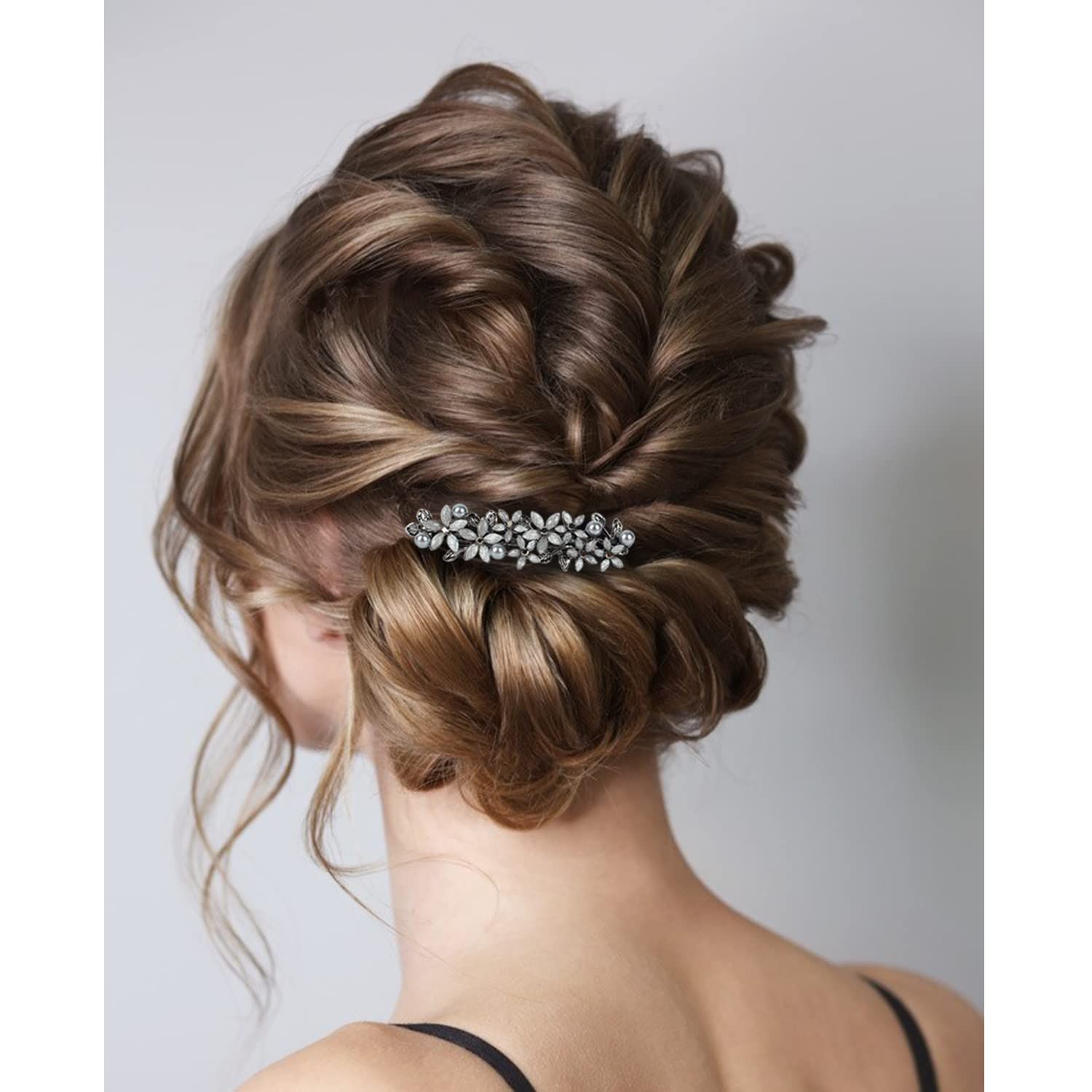 Barrettes for Women,with Flower bloom appearance,embedded Rhinestone and imitation Pearls as Decoration,elegant and retro Hair clip.light grey