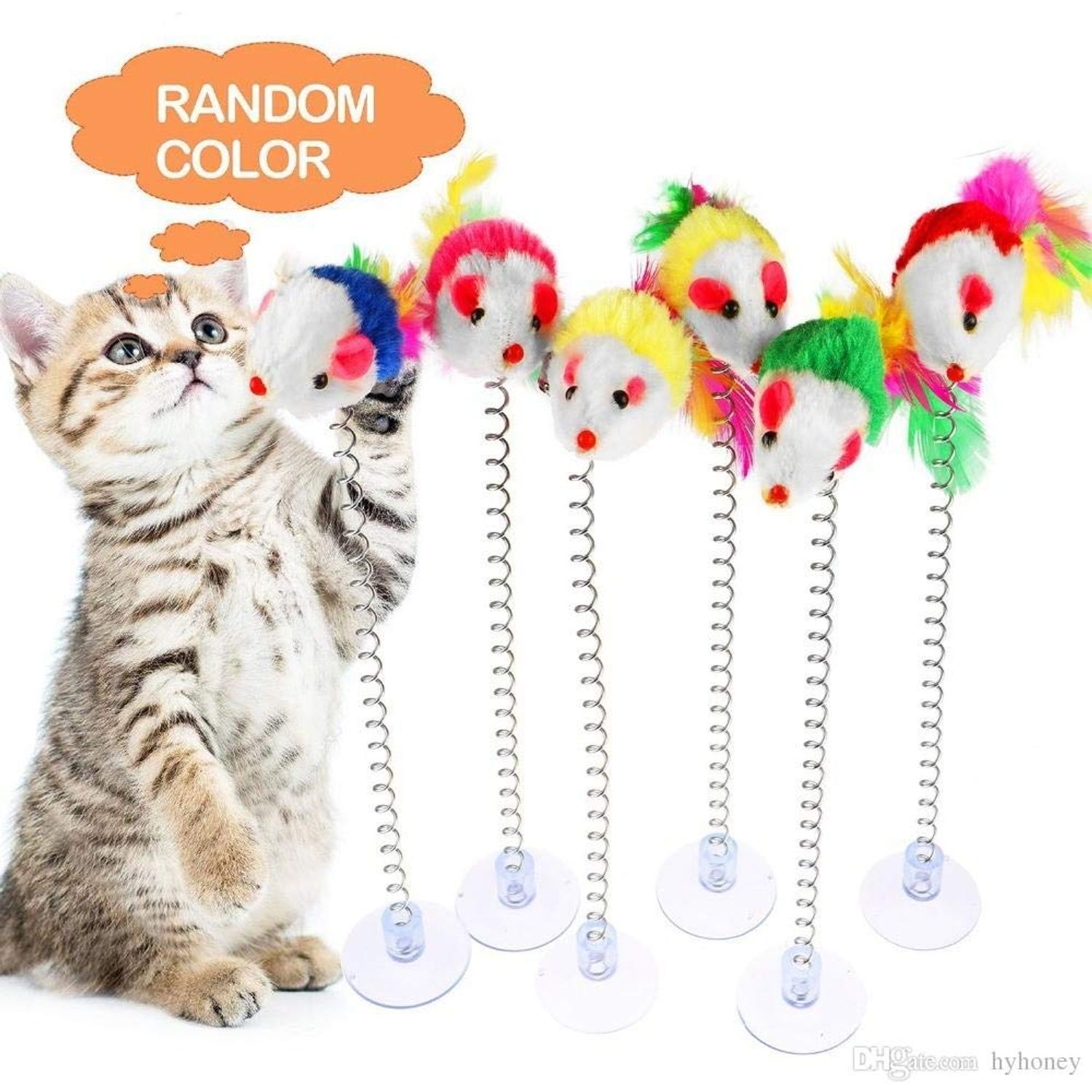 KABB 3 Pcs Cat Toy Spring Toy Elastic Spring Mouse Feather Plush Interactive Intelligence Toys with Sucking, Random Color