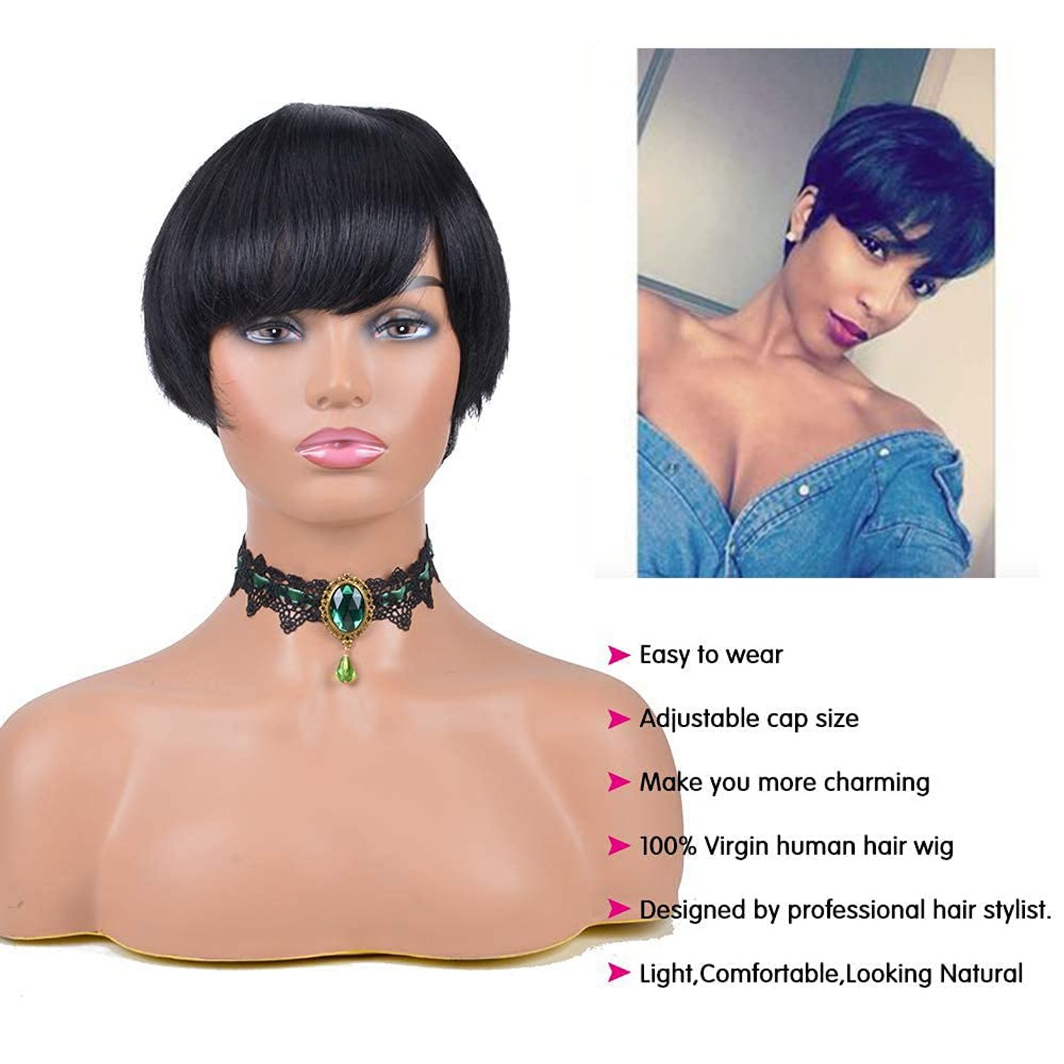 Short Human Hair for Black Women Human Hair Short Pixie Cut Wigs for Black Women Brazilian Virgin Wigs with Bangs 1# Color