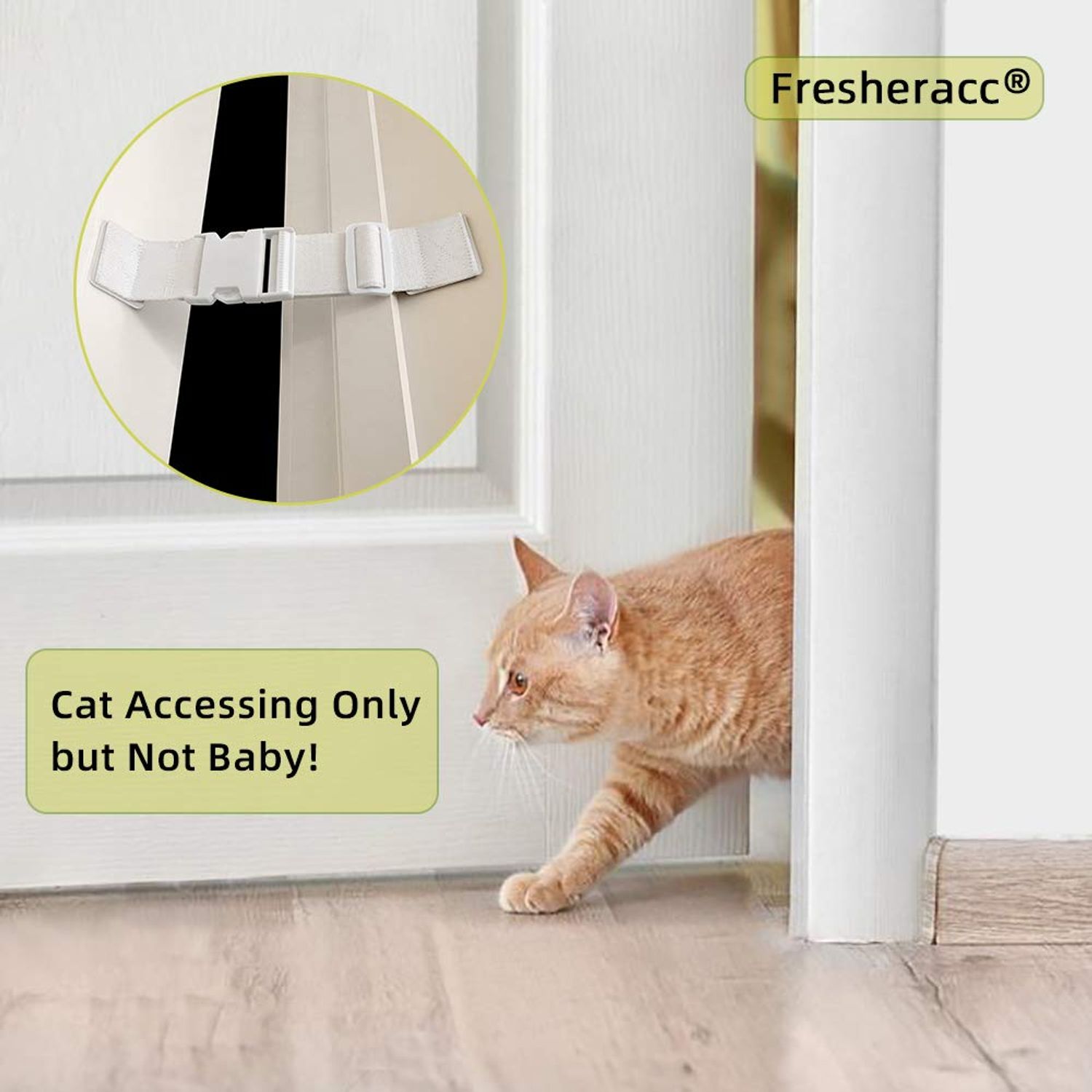 Child Proof Door Lock Latch with Adjustable Strap for Cat Litter Box Room, Cats Enter Easily But No Kids (2 Packs) Reusable Baby Safety Lock, Install in Seconds On Door Frame Only (White)