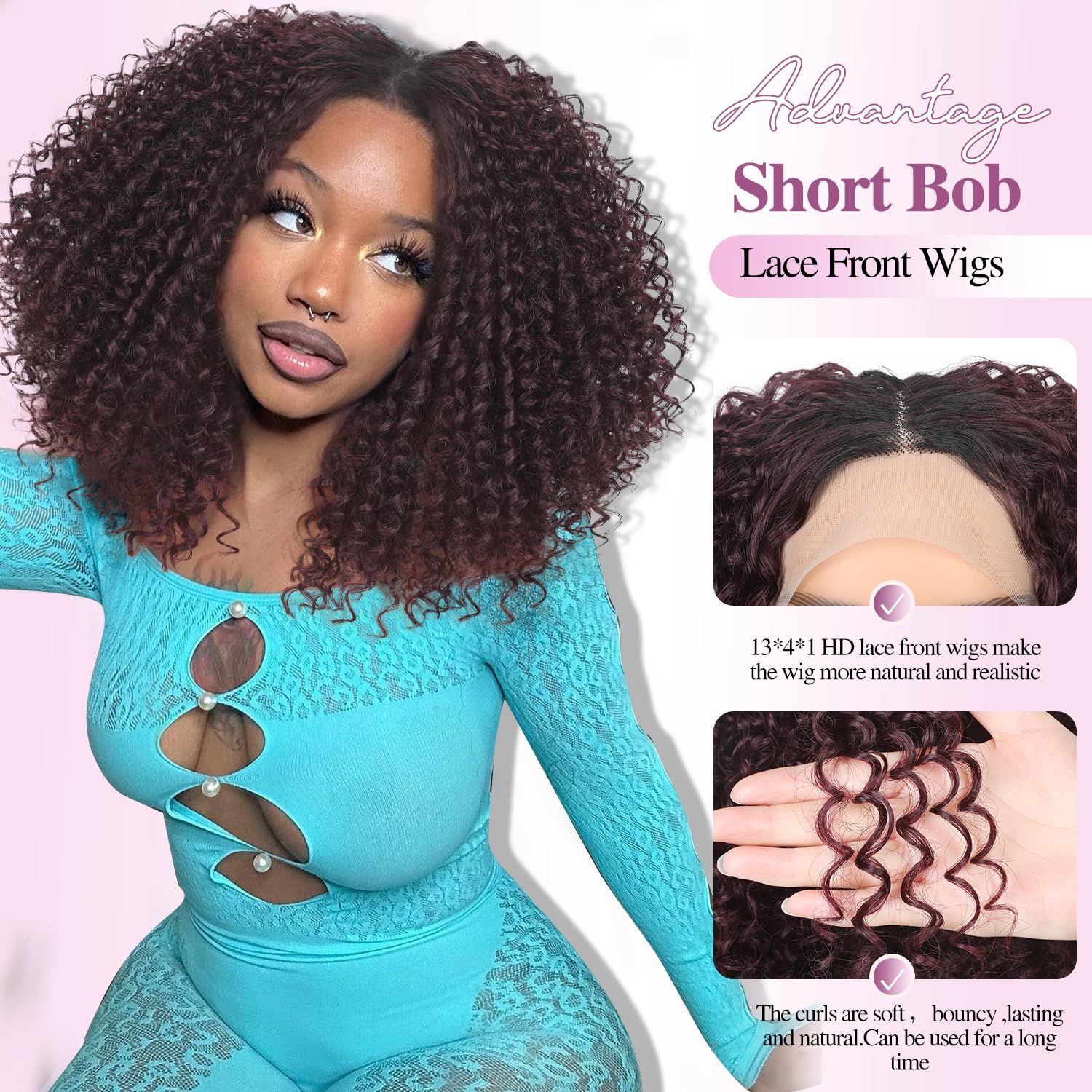 WIGER 15 inch Short Bob Lace Front Wigs Middle Part Wigs Curly T Part Wigs Ombre Afro Kinky Curly Wigs Synthetic Curly Wig For Black Women(1B/99J)