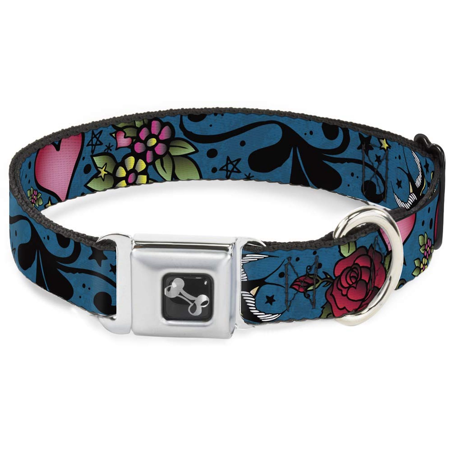 Dog Collar Seatbelt Buckle Mom Dad Close Up Blue Sparrows 13 to 18 Inches 1.5 Inch Wide