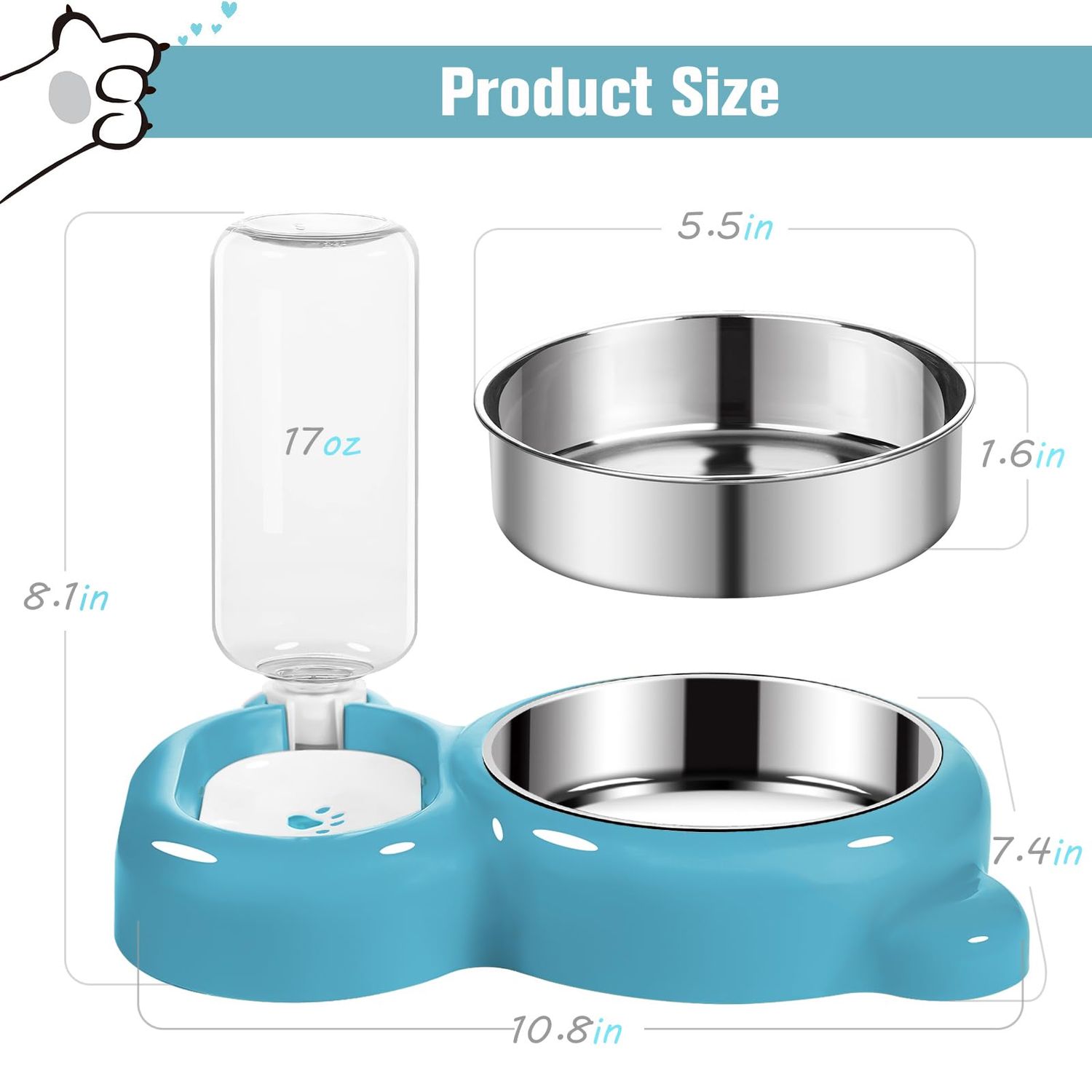 Dog Bowls, Cat Food and Water Bowl Set with Water Dispenser and Stainless Steel Bowl for Cats and Small Dogs - Blue