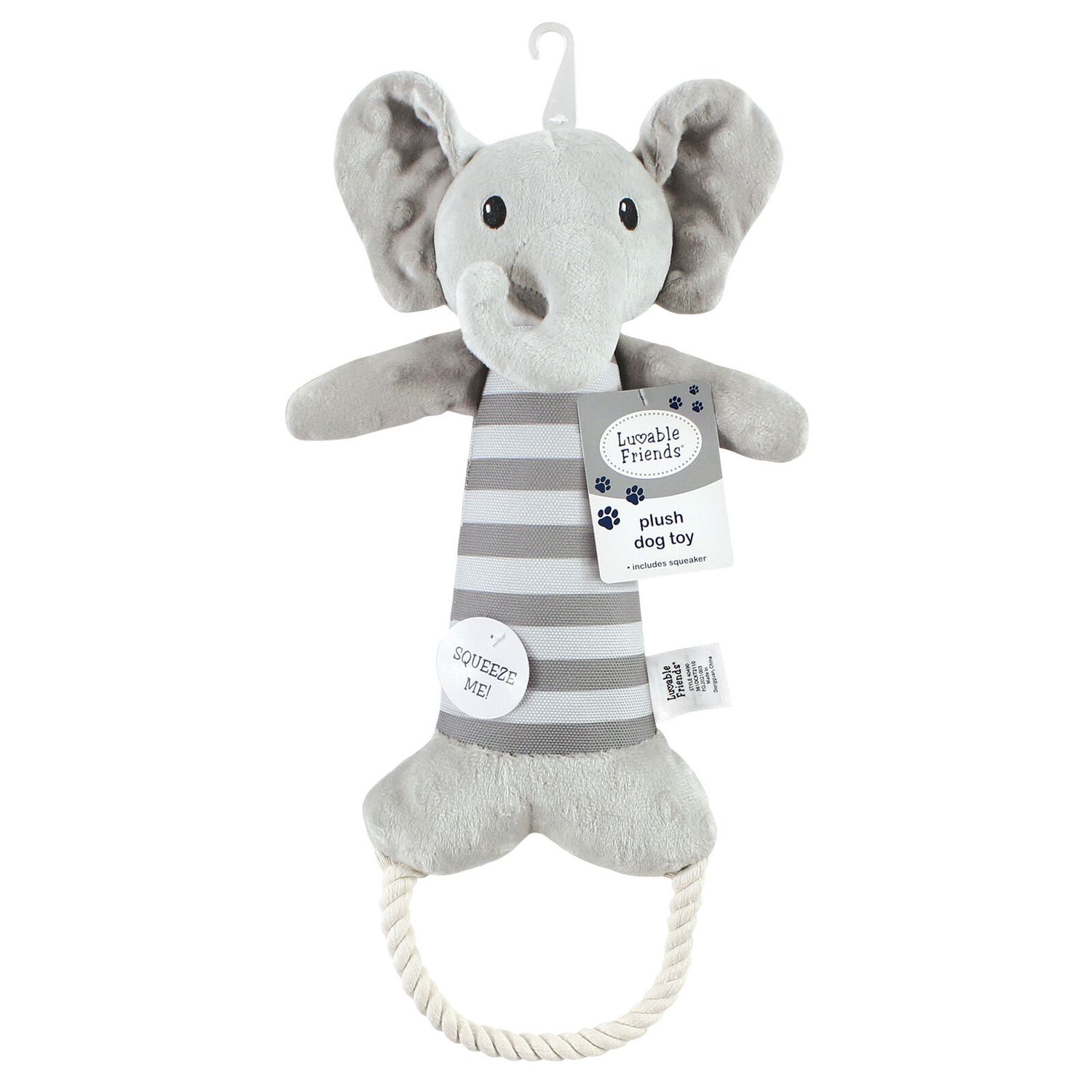 Luvable Friends Pet Squeaky Plush Dog Toy with Rope, Elephant, One Size