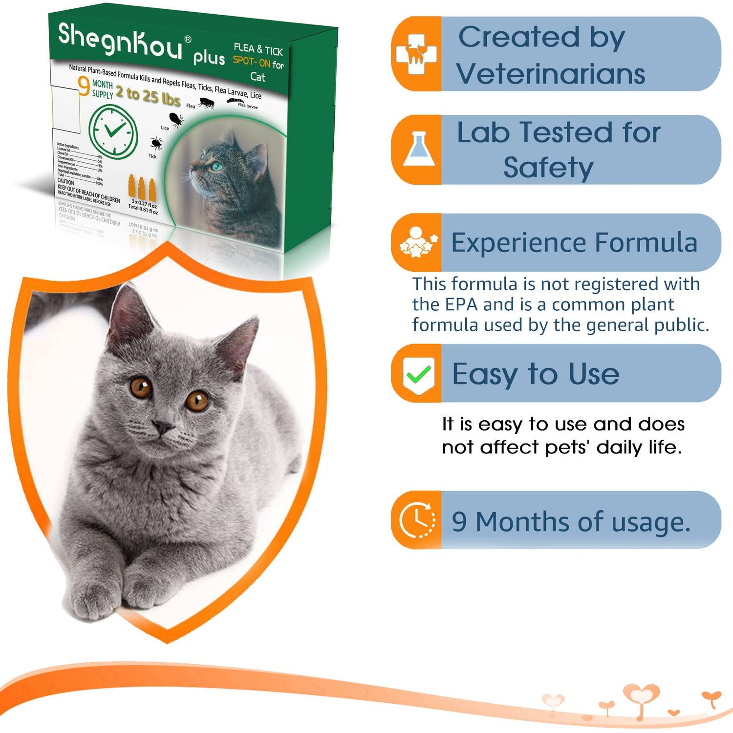 ShengKou Natural Flea Treatment for Cats (2-25 lbs) | 9-Month Supply with Comb, Tick Tool & Repellent Collar, Vet-Reviewed Formula