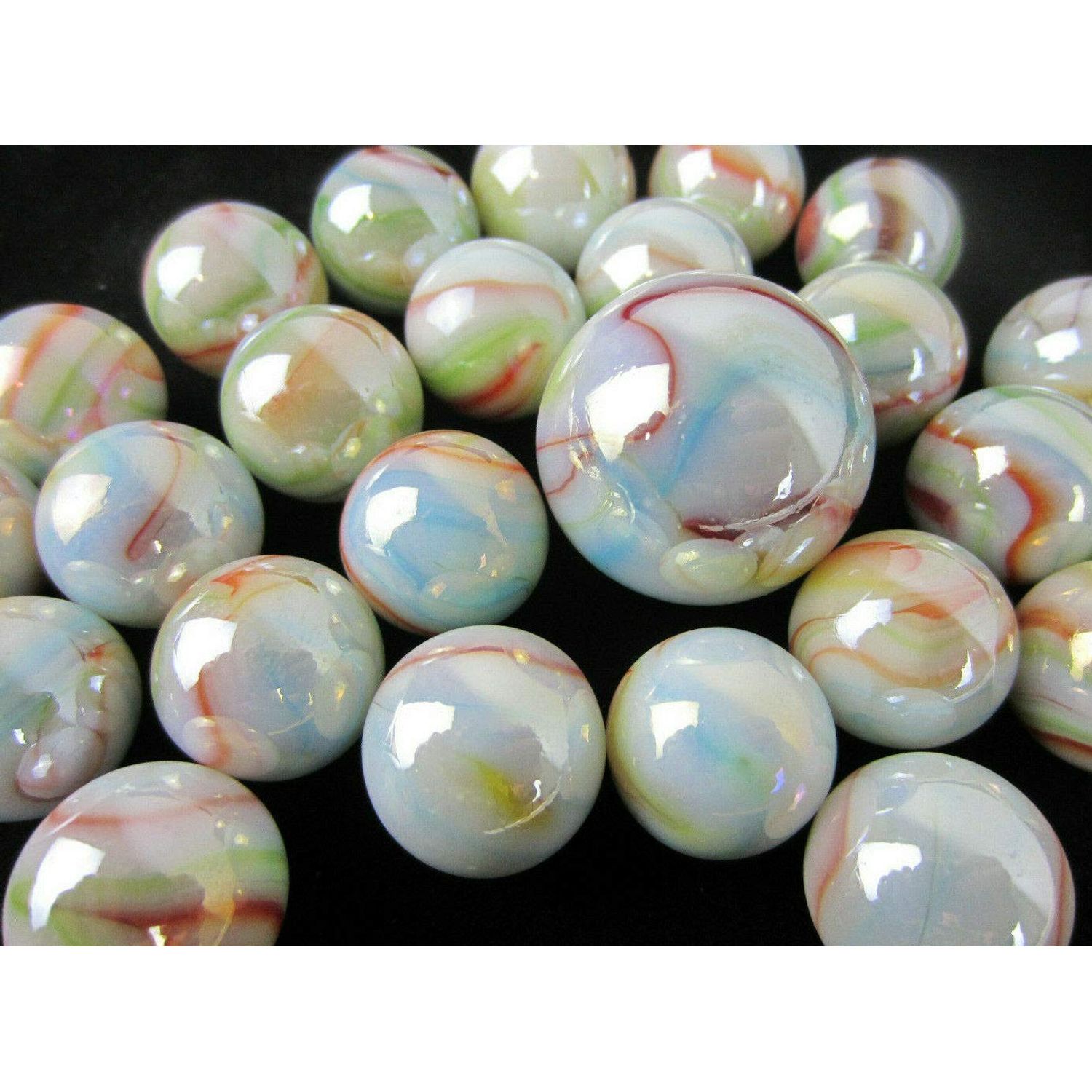 Big Game Toys~25 Glass Marbles Unicorn Opalescent White/Blue/Red/Green/Yellow Swirl Classic Style Game Pack (24 Player, 1 Shooter) Decor/Vase Filler/Aquarium