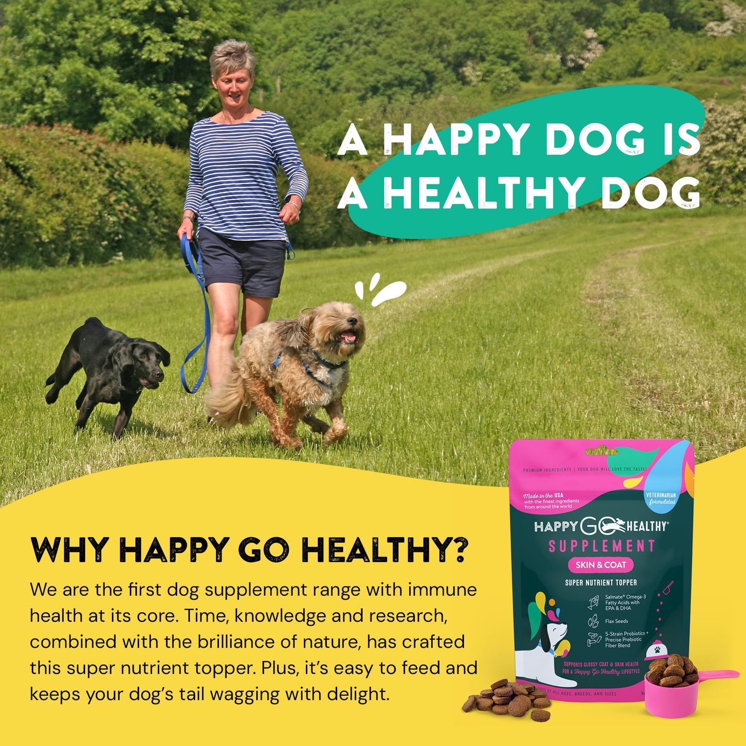 Happy Go Healthy Skin & Coat Supplements for Dogs | Dog Itching Skin Relief & Promotes Shiny Skin Coat for Dogs | Rich in Omega 3 All-Natural Ingredients Tasty Kibble Dog Food Topper | 21 Count Pack
