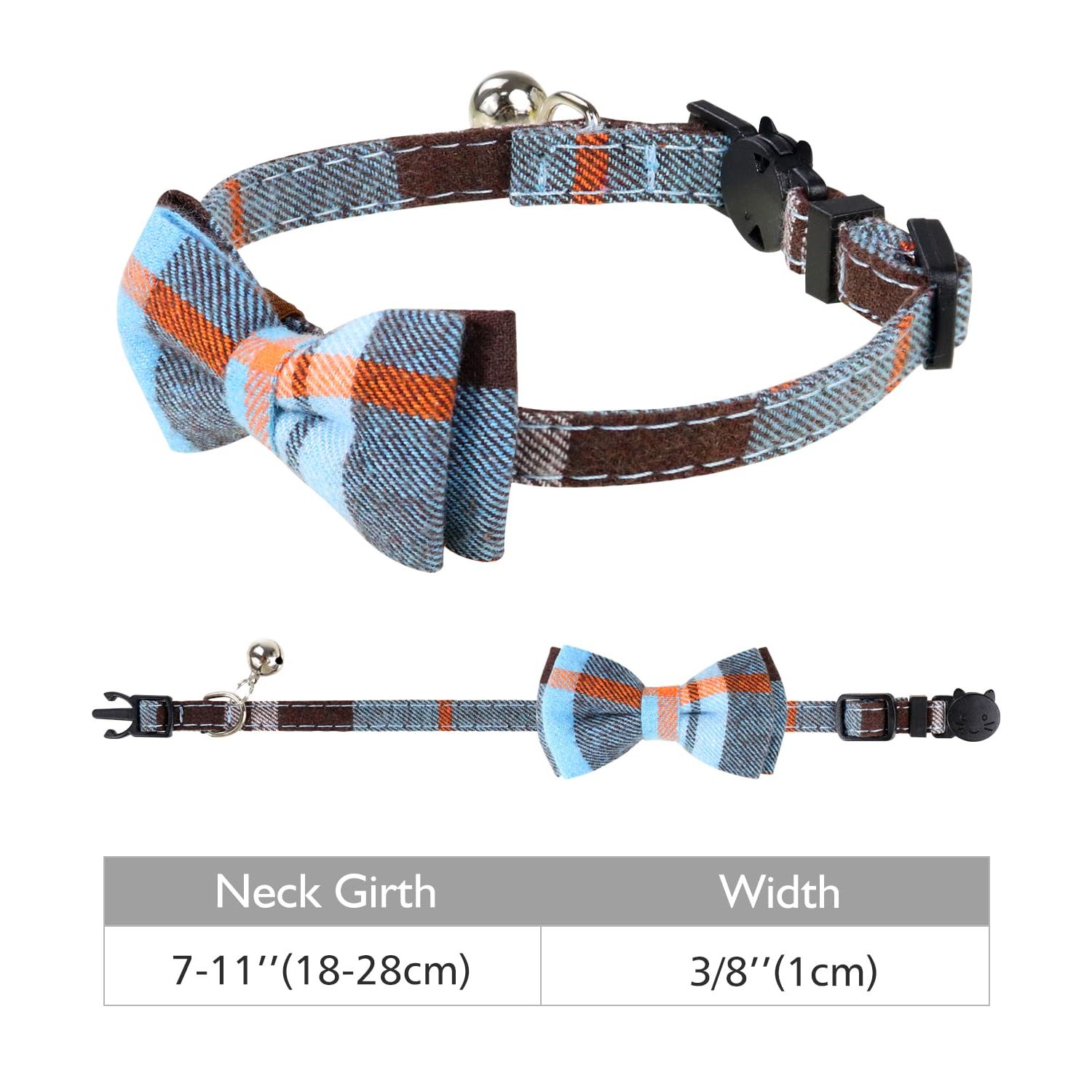 Joytale Upgraded Cat Collar with Bells, Breakaway Cat Collars with Bow Tie, 1 Pack Girl Boy Safety Plaid Kitten Collars, Haze Blue