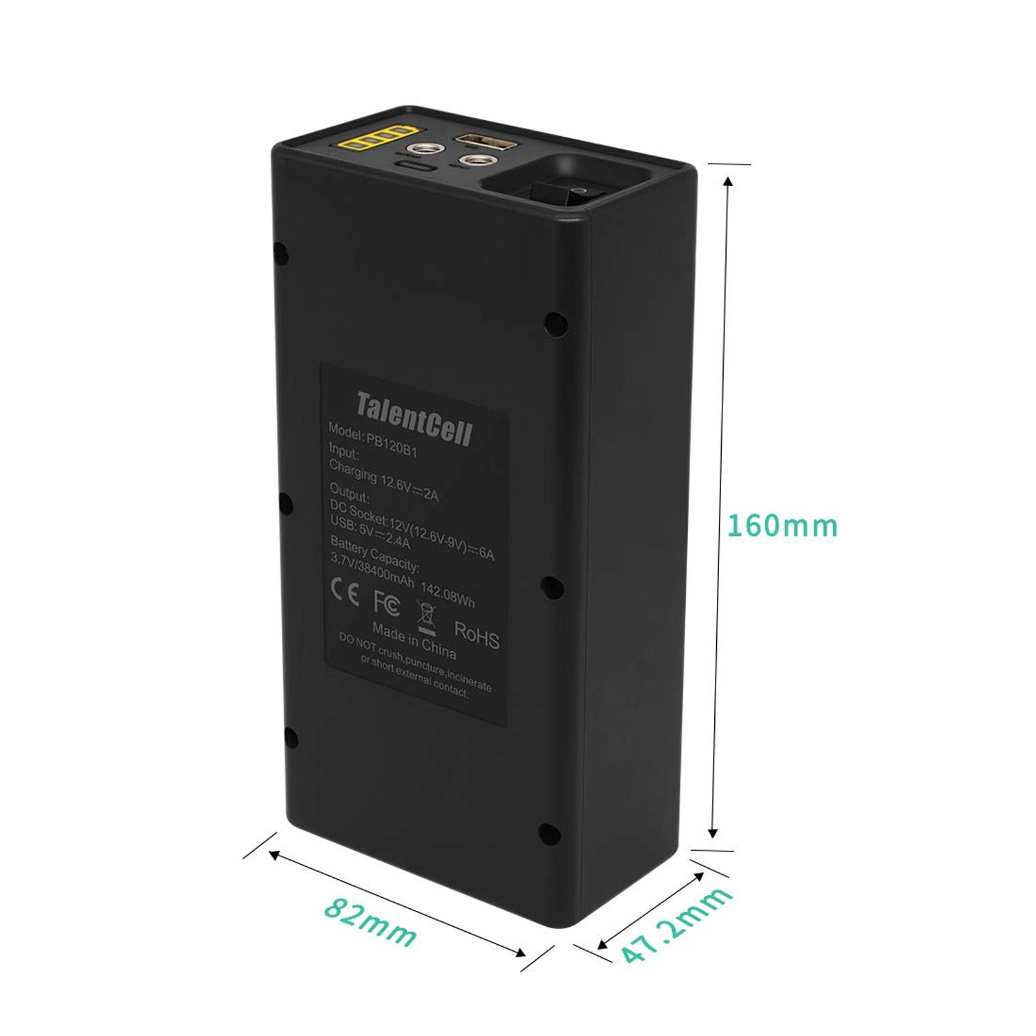 Talentcell 12V Lithium ion Battery PB120B1, Rechargeable 38400mAh 142.08Wh Li-ion Battery Pack with DC 12V and 5V USB Output for LED Light Strip, CCTV Camera, Mobile and More
