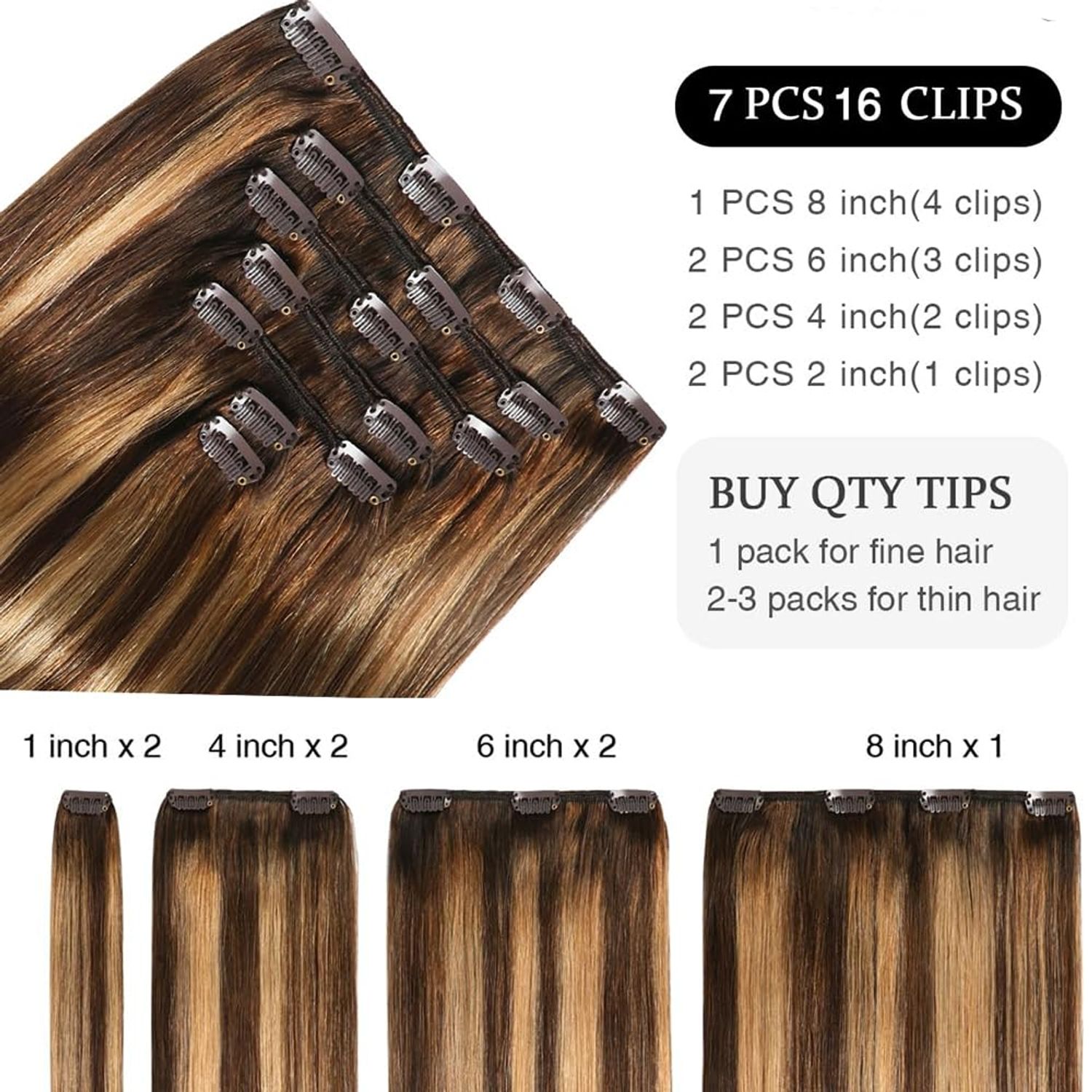 ORIGEN Clip in Hair Extensions Real Remy Human Hair Chocolate Brown to Caramel Blonde Highlights Straight Hair for Women 7pcs 120g 18 Inches