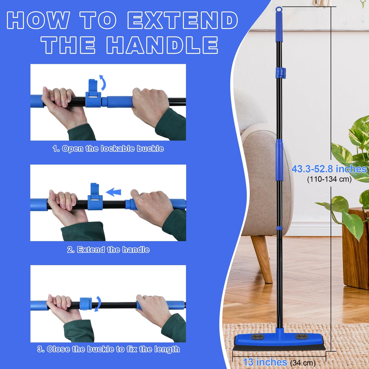 Dolanx Rubber Broom Carpet Brush with Squeegee, Pet Hair Remover with 52.8 inches Long Handle, Detailing Lint Fur Removal Tool, Silicone Rug Rake for Cleaning Hardwood Floor, Tile, Window (Blue)