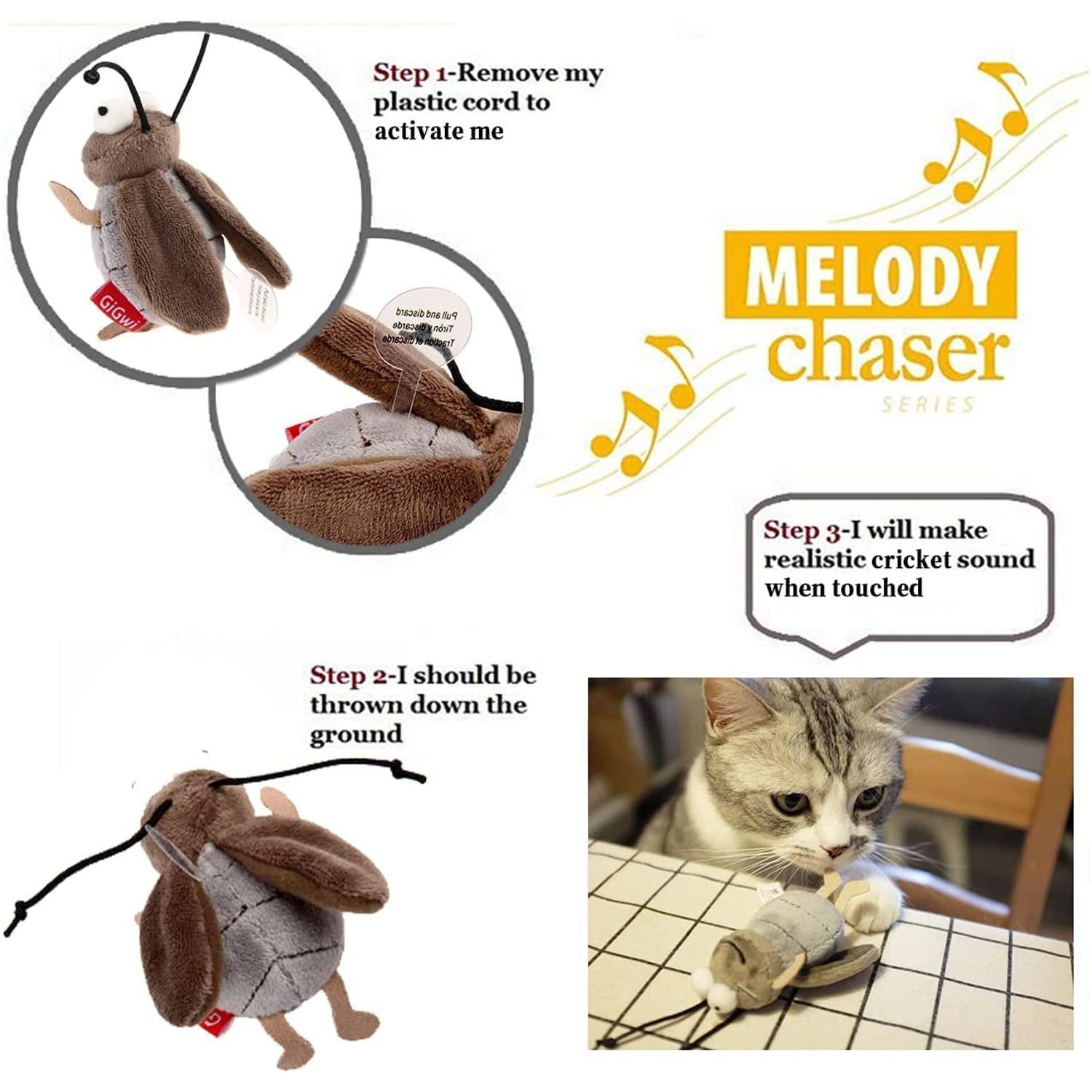 Gigwi Interactive Cricket Cat Toy, Automatic Cricket Squeaky Cat Toys, Play and Squeak Electronic Cricket Toy for Cats Kitten Indoor
