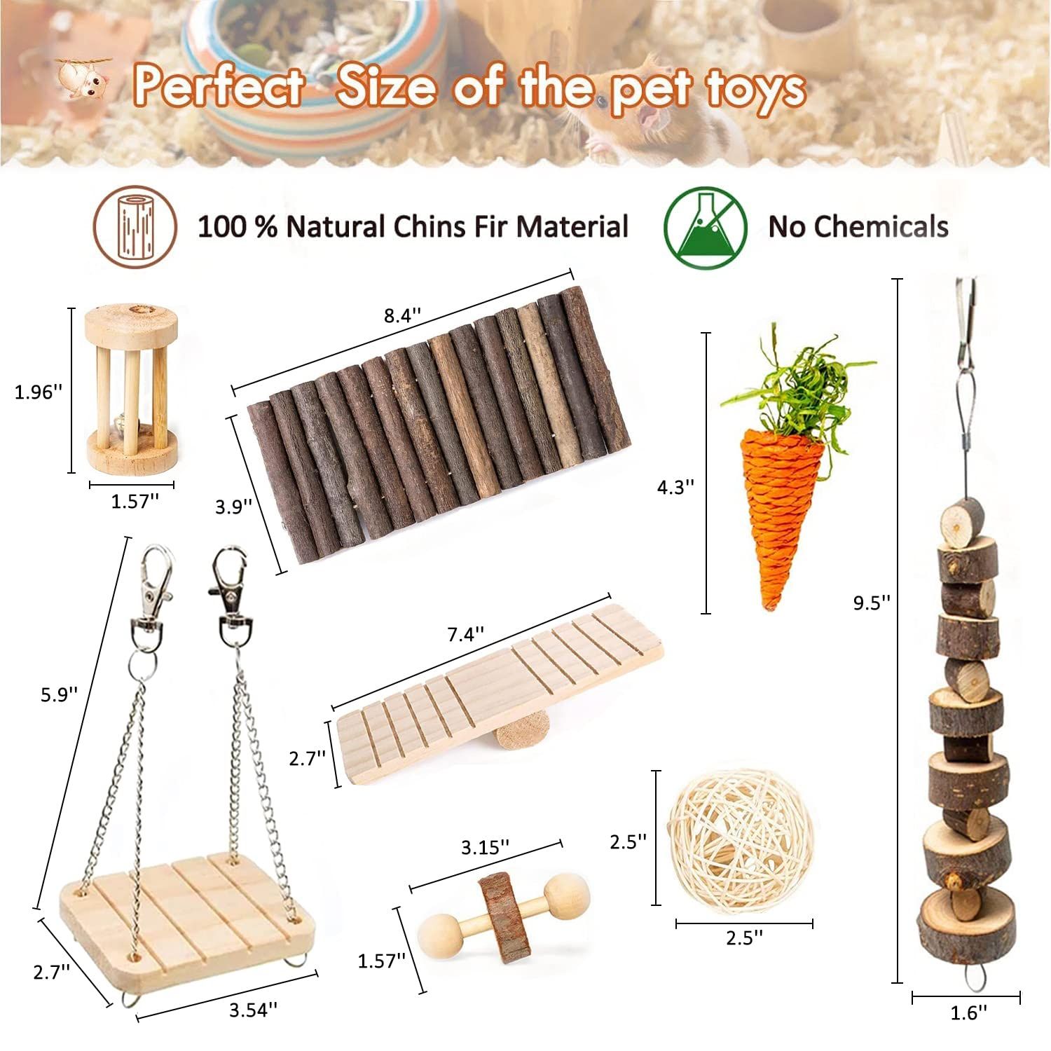 Hamster Chew Toys Set Small Animal Molar Toys Teeth Care Wooden Accessories for Guinea Pigs,Chinchillas,Gerbils,Mice,Rats,Mouse Rodents Toy Swing Seesaw Bridge (Wood)
