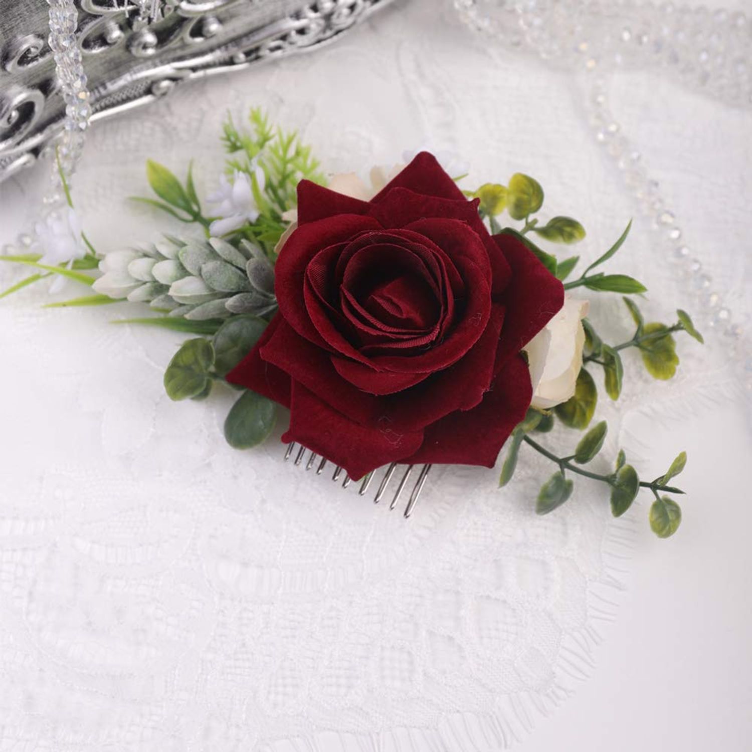 Anglacesmade Bridal Flower Hair Comb Burgundy Dark Red Rose Cream Daisy Eucalyptus Greenery Headpiece for Rustic Wedding Photo Shoot Prom Party Festival