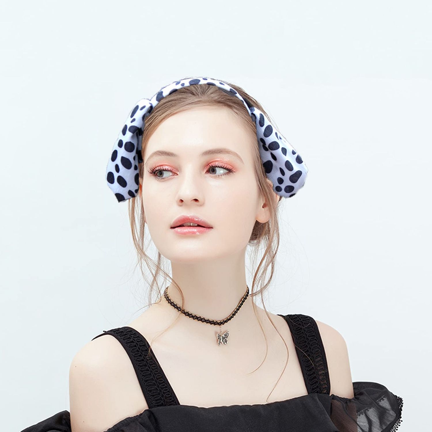 Halloween Dalmatian Cow Headband Spotted Dog Ears Hair Bands Puppy Bow Tie Tail Headpiece Women Hairband Hair Hoops Party Decoration Cosplay Costume Cute Handmade Hair Accessories 2 Set Dalmatian