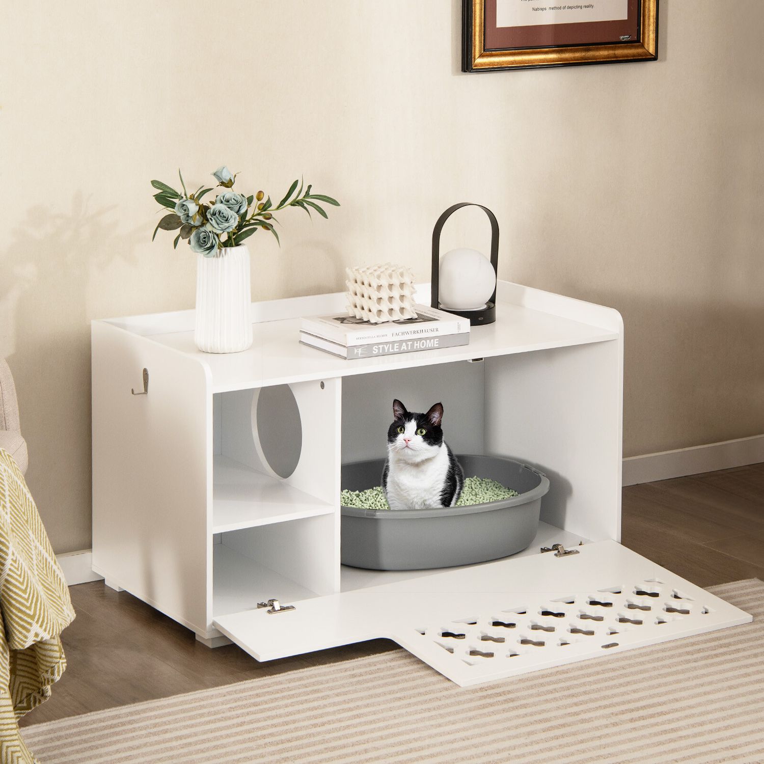Cat Litter Box Enclosure w/ Removable Cushion & Flip-Down Opening Modern White