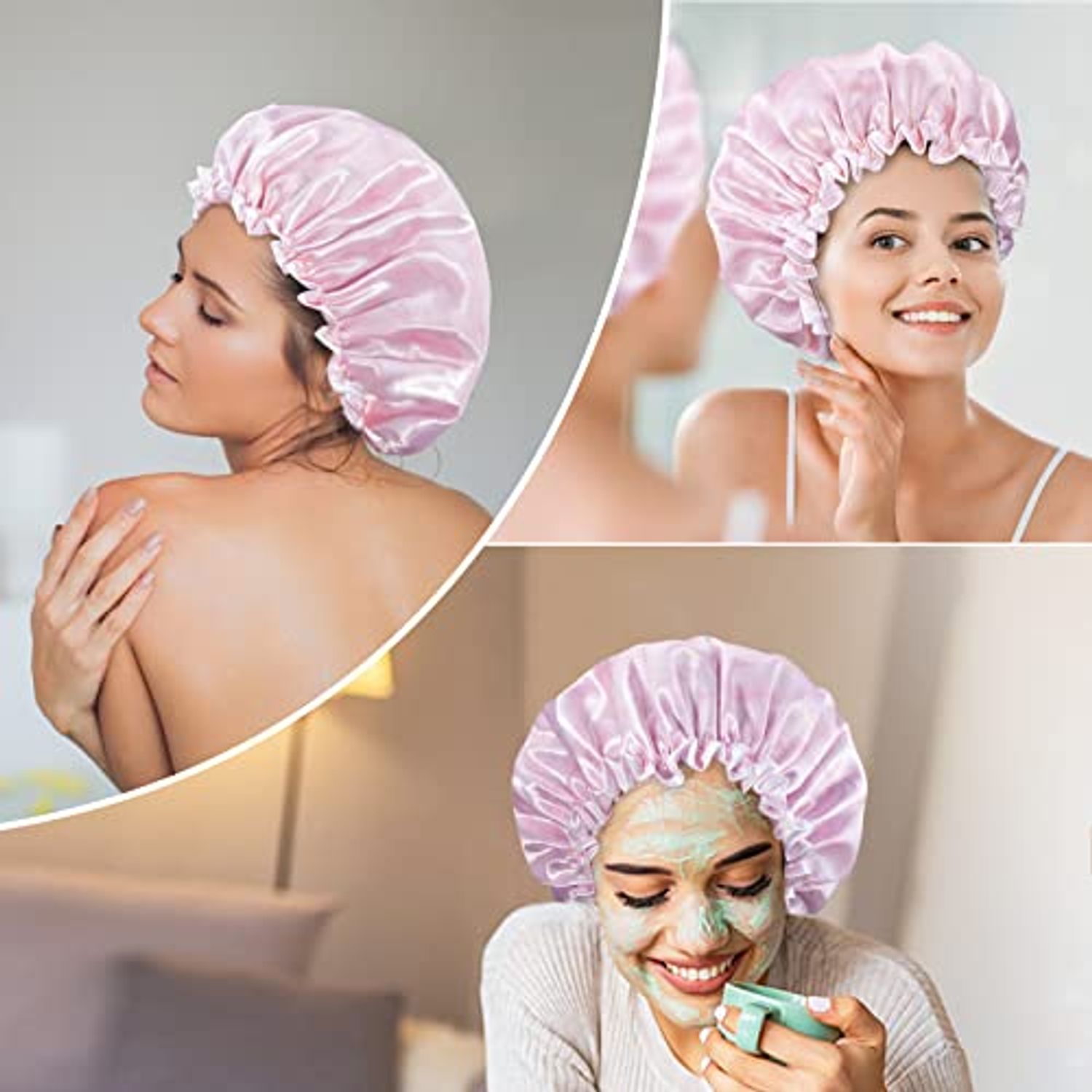 Aquior Shower Caps, Reusable Shower Cap for Women, Double Layer Waterproof Hair Cap, Large Size for All Hair Lengths,for Girls Spa Home Salon Use (Pink Cloud)