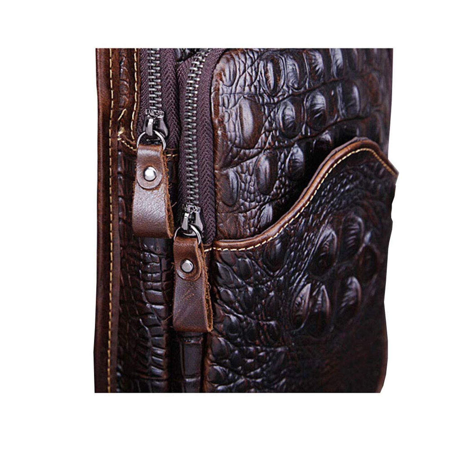 Hebetag Crocodile Genuine Leather Sling Crossbody Bag for Men Travel Outdoor Hunting Hiking Camping Shoulder Chest Pack Backpack Daypack Coffee