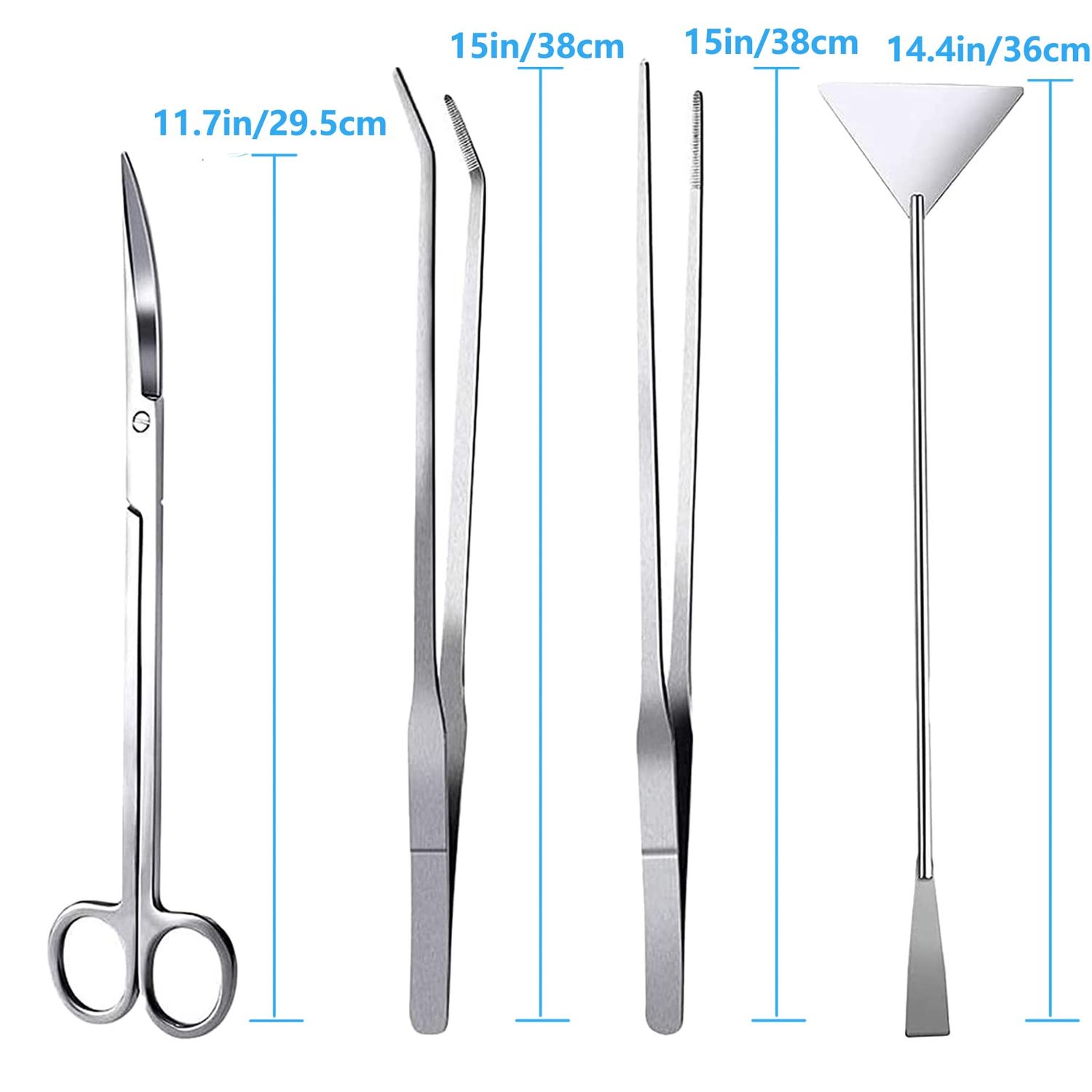 FISTOY 15in Aquascape Tools, 4 in 1 Long Aquarium Tweezers Scissors Spatula, Stainless Steel Aquatic Plants Aquascaping Tools Set for Fish Starter Kits, Aquariums Tank and Terrarium