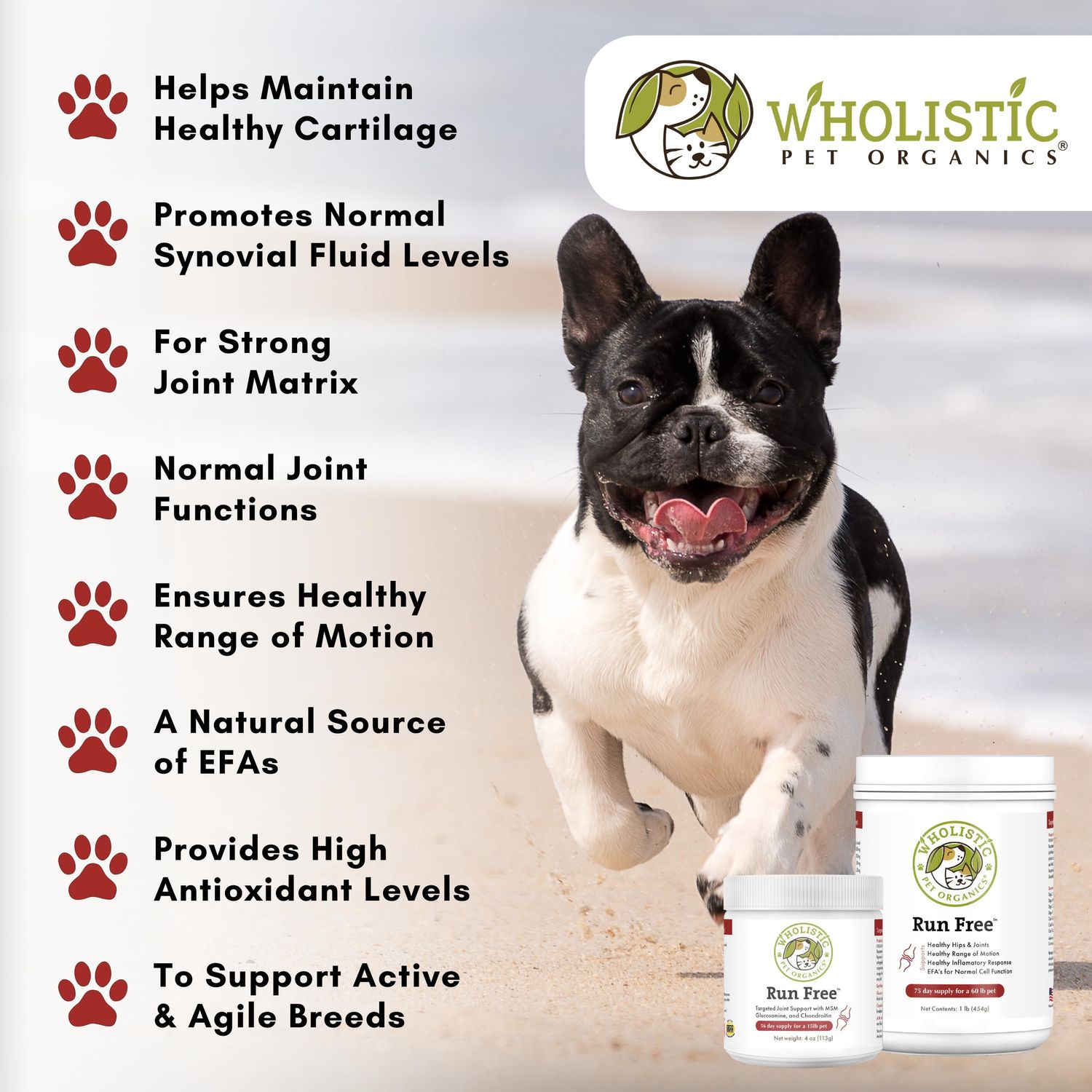 Wholistic Pet Organics Run Free - 4 Oz - Dog Joint Supplement for Senior Dogs, Glucosamine Chondroitin MSM, Dog Vitamins, Cat Joint Pain Relief