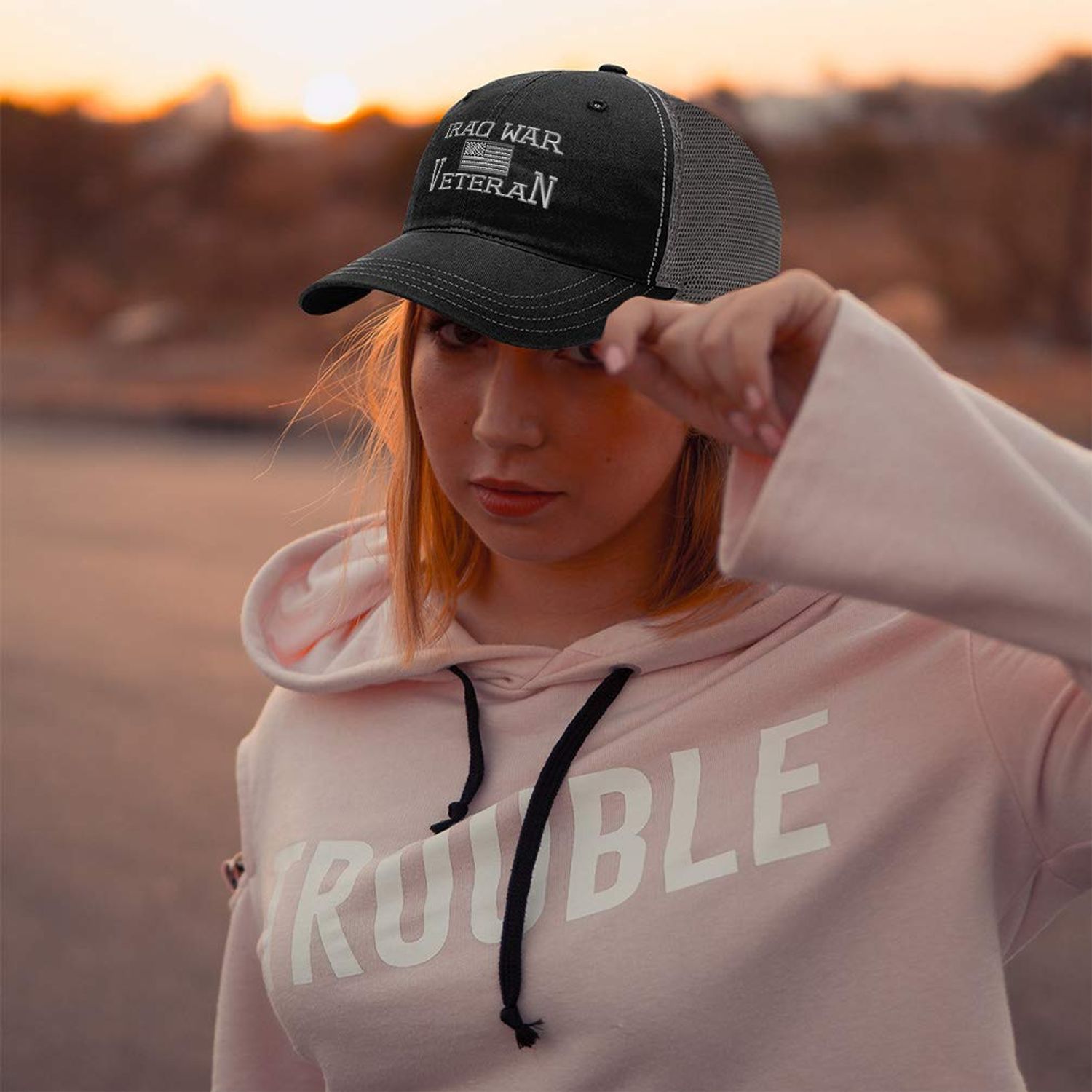 Richardson Trucker Mesh Hat American Veteran Iraq War B Embroidery Cotton Dad Hats for Men & Women Snapback Black Charcoal