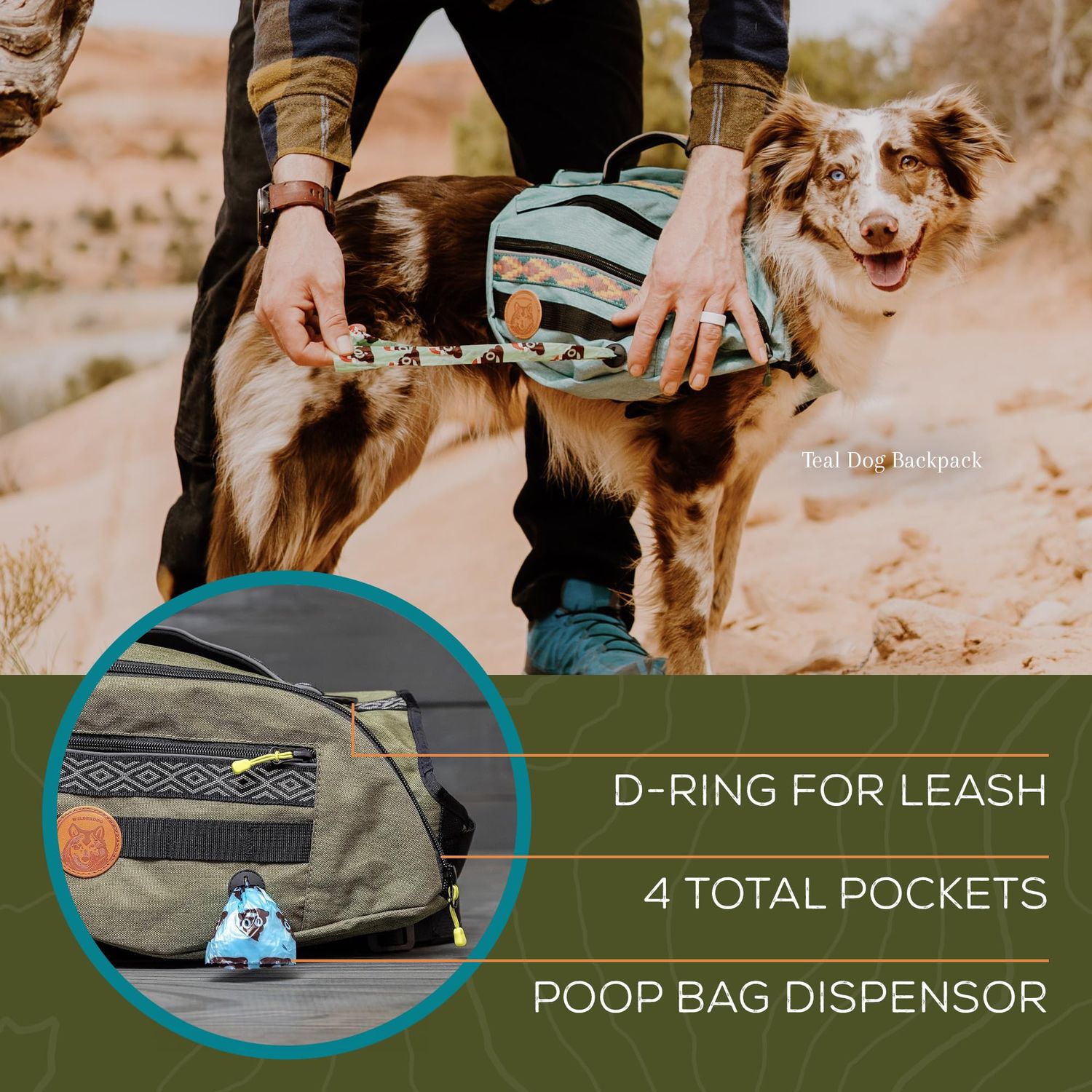 Wilderdog Dog Backpack with Built in Harness and Back-Mounted D-Ring Leash Attachment, Handle, Two Saddlebags with 4 Total Pockets, Built in Poop Bag Dispenser (Pacific Blue, Small)