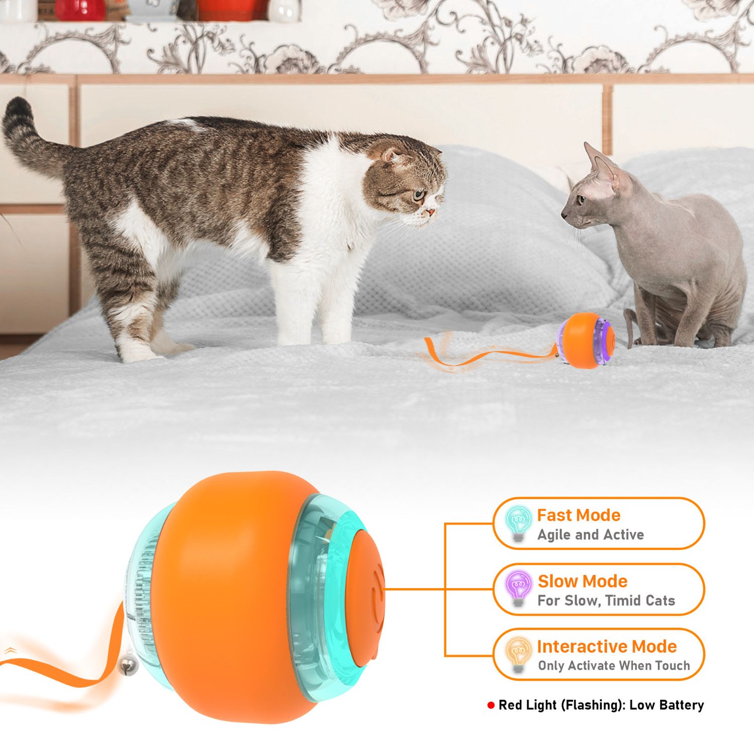 Interactive Cat Toy Balls w/ Ring Bell LED Ribbon Automatic Smart Bouncing Balls