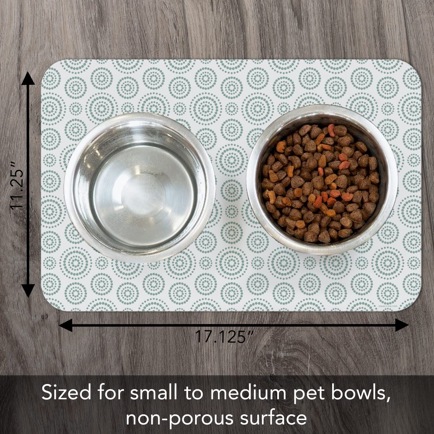 CounterArt Dots & Circles Easy Care Waterproof Pet Placemat 17.13” x 11.25” Made in The USA of BPA Free Plastic, Safe for Pets, Protects Floors from Cat & Dog Bowls
