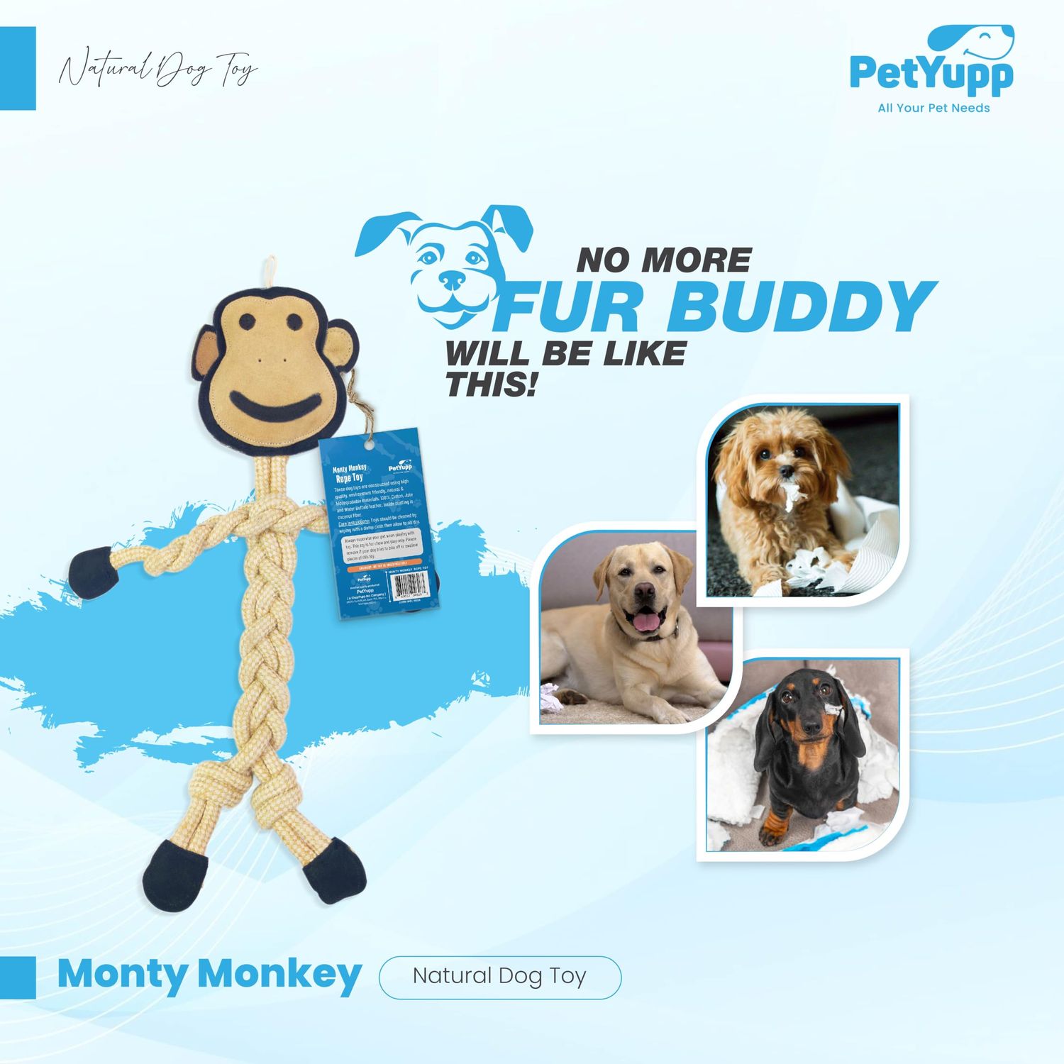 PetYupp Natural Cotton & Jute with Genuine Leather Rope Dog Chew Toy - 16" Long - Interactive Dog Toy for Teething Puppies, Small, & Medium Size Dogs, Promote Dental Health (Monty Monkey)