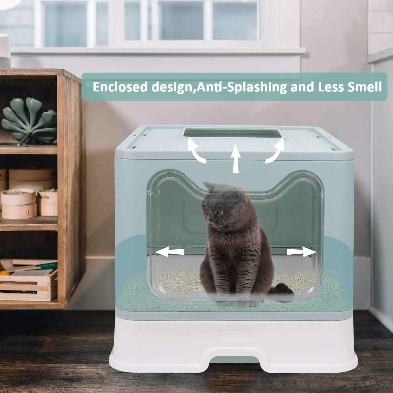 Foldable Cat Litter Box w/ Lid Enclosed Cat Potty Top Entry Anti-Splashing Blue