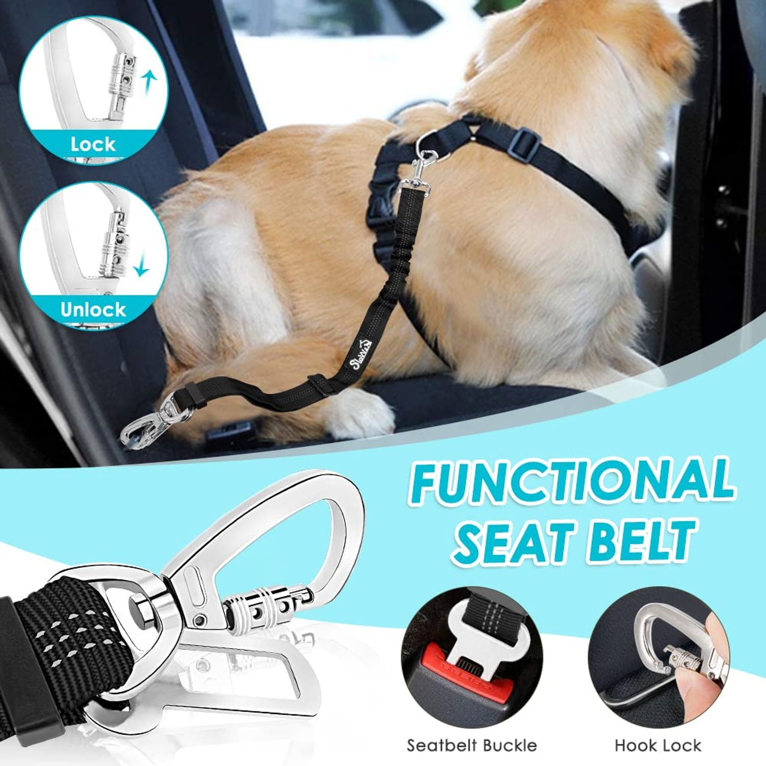 SlowTon Dog Car Harness Seat Belt Set, Dog Vest Harness Adjustable Mesh Breathable & Vehicle Safety Seatbelt Tether with Elastic Bungee for Small Medium Large Pets (Light Blue, M)
