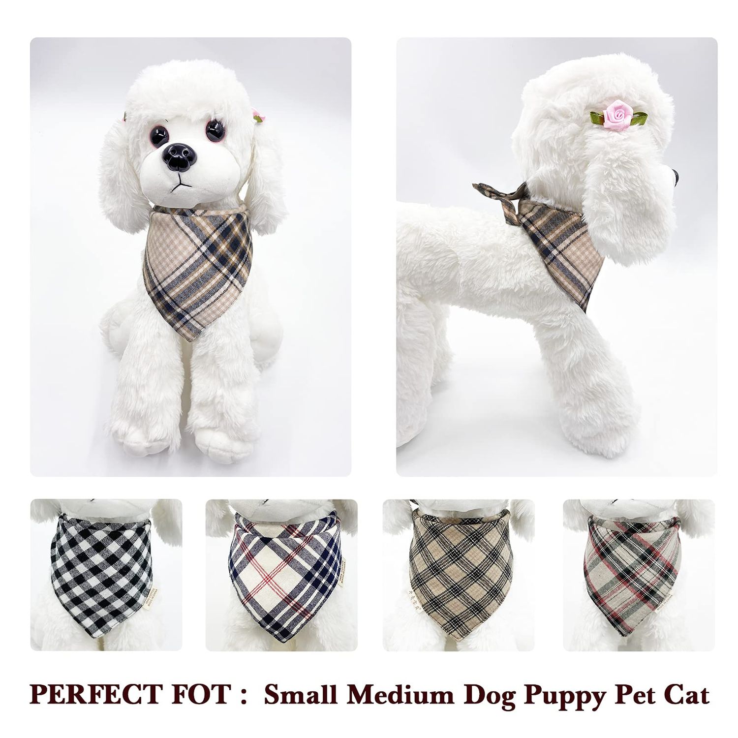 5PCS Dog Bandanas with Button - Thick Triangle Bibs Dual Layer Soft Cotton Scarves for Small Medium Boy Girl Puppy Cat Pet Baby Square Plaid Printing Washable Kerchief Halloween Costumes Outfits