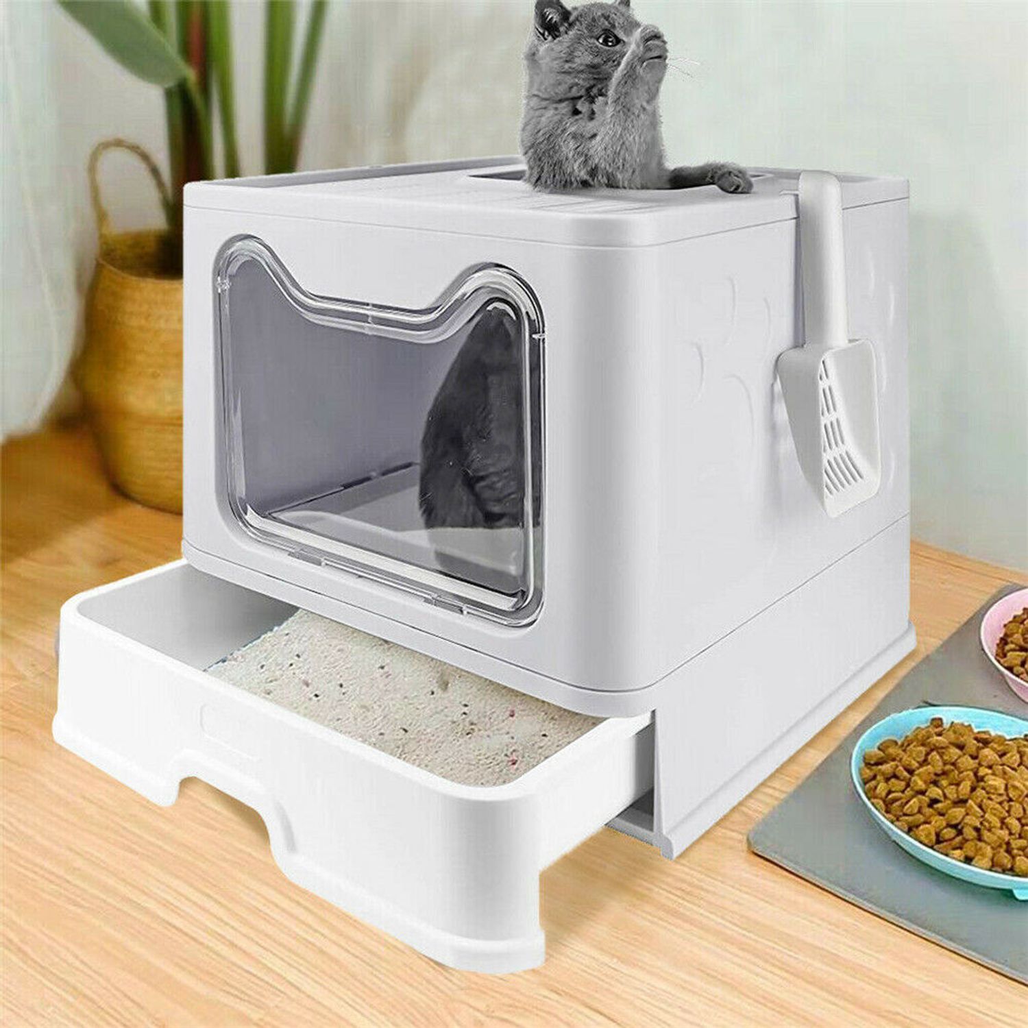 Large Cat Litter Box Top &Front Entry Automatic Pet Toilet House Kitty Scoop Pan