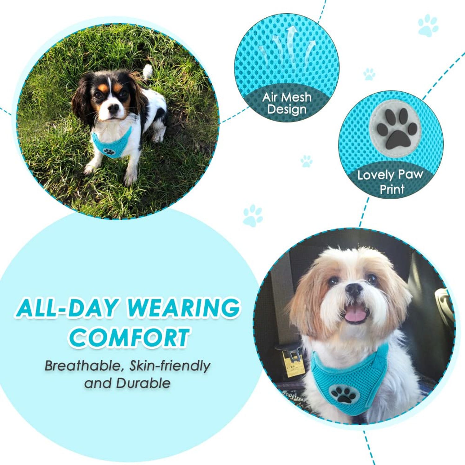 SlowTon Dog Car Harness Seat Belt Set, Dog Vest Harness Adjustable Mesh Breathable & Vehicle Safety Seatbelt Tether with Elastic Bungee for Small Medium Large Pets (Light Blue, M)