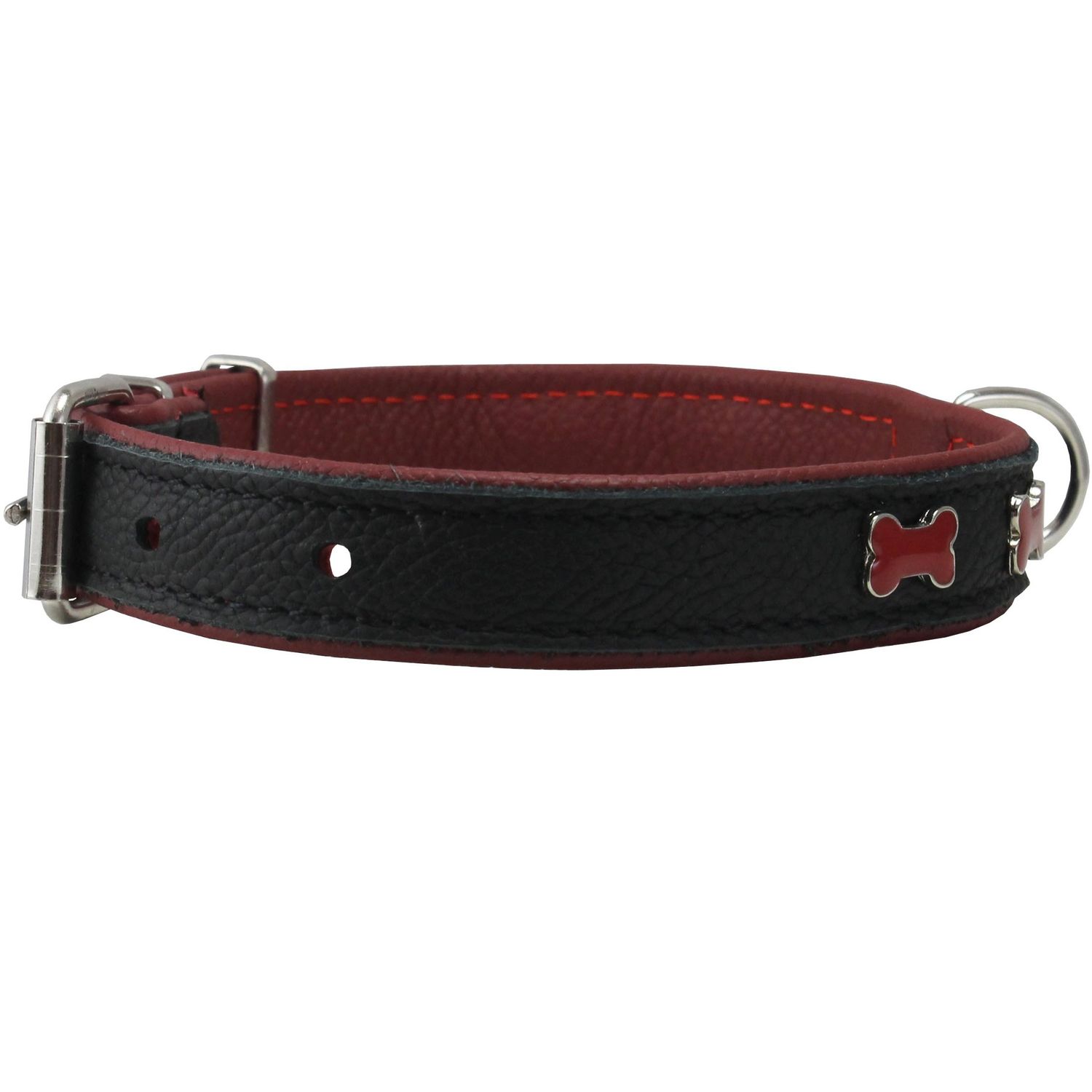 Genuine Black Leather Metal Bone Studs Soft Black Leather Padded Dog Collar 3/4" Wide. Fits 10"-14" Neck.