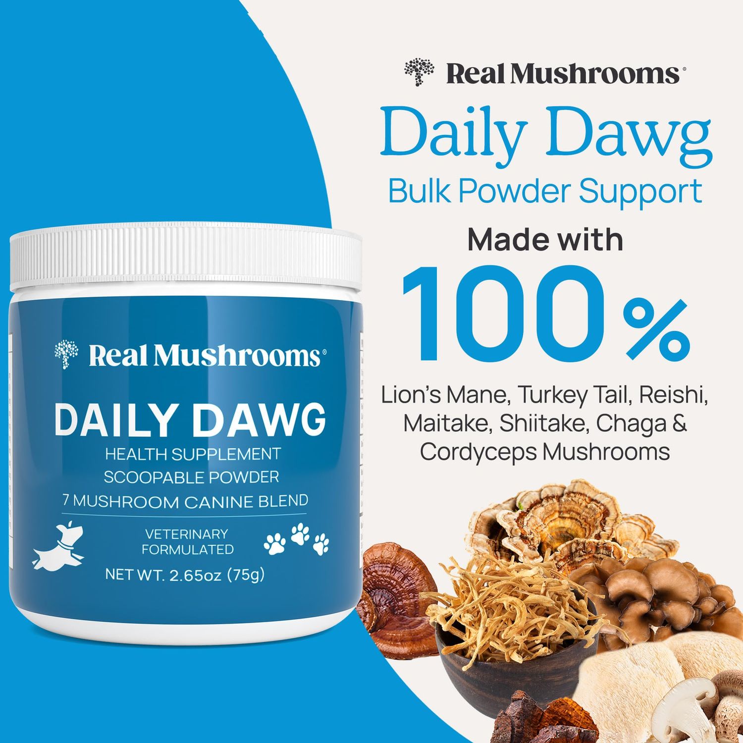 Whole Dog Health with Digestive and Immune Support - (2.65 oz) Bulk Mushroom Powder Supplement & Dog Vitamins with Real Mushrooms Lion's Mane, Cordyceps Mushroom, Turkey Tail, Reishi & Shiitake